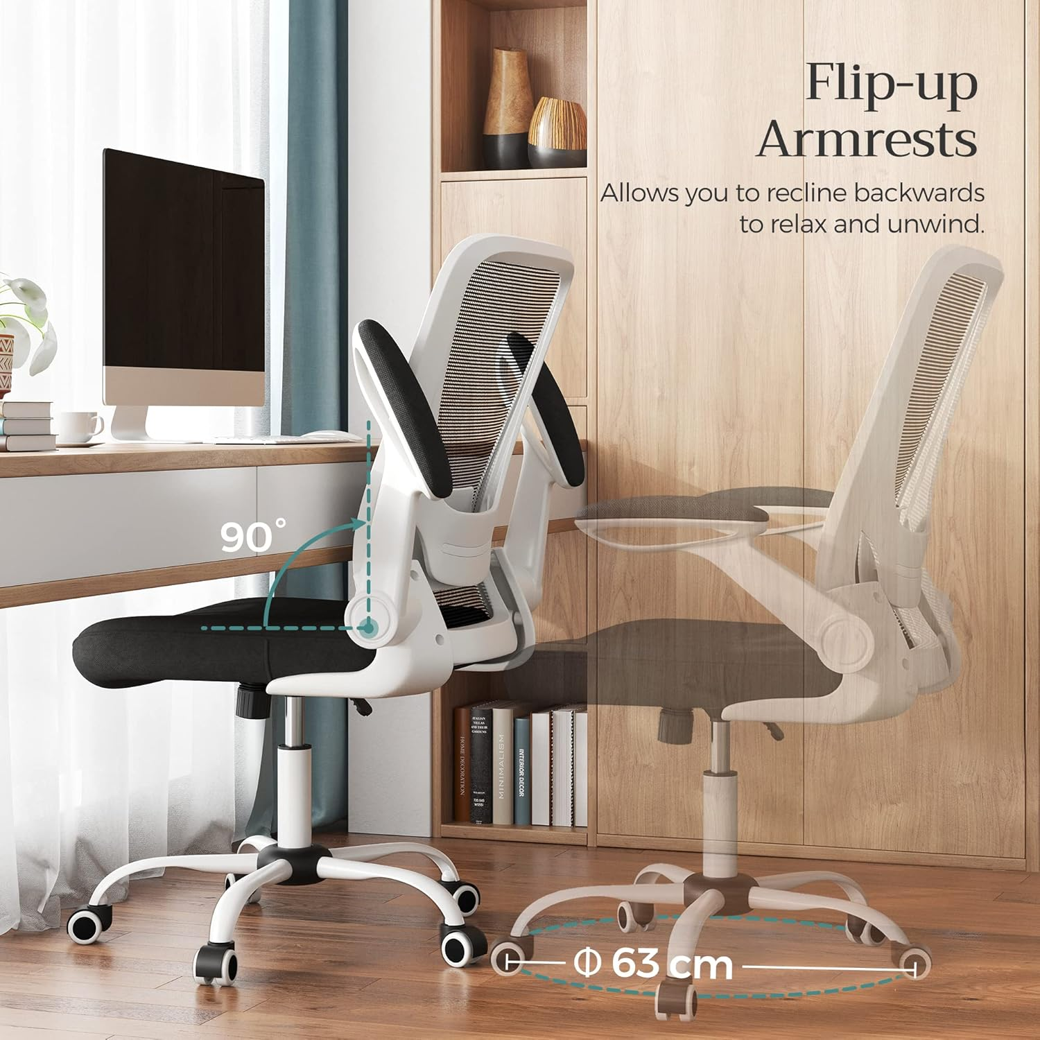 SONGMICS OBN37WT Office Chair, Swivel Chair with Mesh Covering, Ergonomic, Padded Lumbar Support, Rocker Function, 53 Cm Seat, Folding Armrests, Black and White image number 5