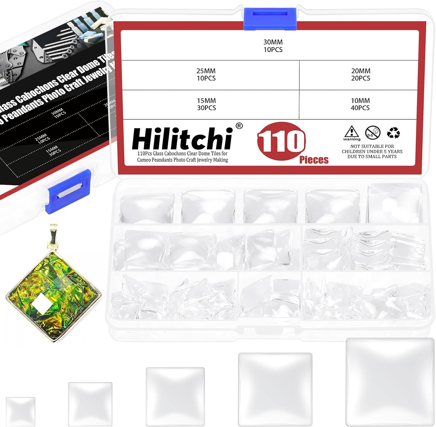 Hilitchi 110PCS 5 Sizes Square Shaped Glass Dome Tiles Assortment Kits 10MM 15MM 20MM 25MM 30MM Transparent Glass Dome Cabochons Flat Glass Bead Cabochon Tile for DIY Jewelry Photo Pendant Making image number 3