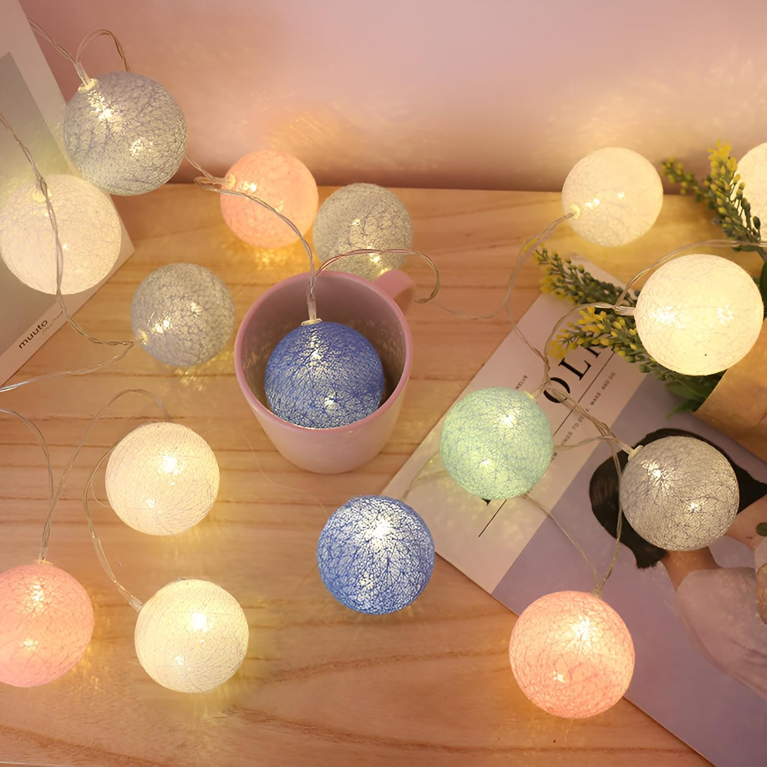 Xmart Fairy Lights Indoor Battery 20 LED 3 Metres / 2.36 Feet Cotton Swab Lamp External Battery Fairy Lights Balls for Holiday Party Living Room Wedding Balcony (Macaron Colour) image number 2