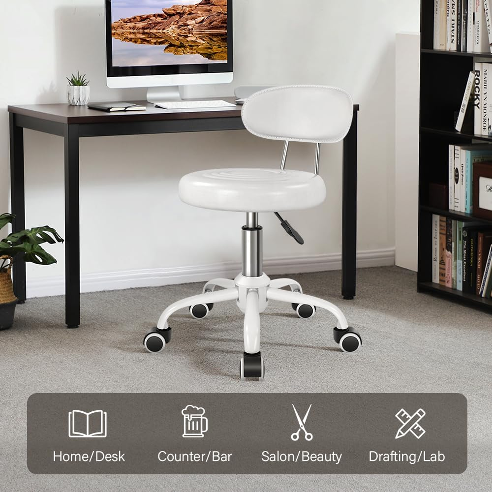 Rolling Stool with Wheels Swivel Stool with Back Height Adjustable Chair PU Leather Rolling Stools Ideal for SPA Salon Home Office Drafting Work (White) image number 1