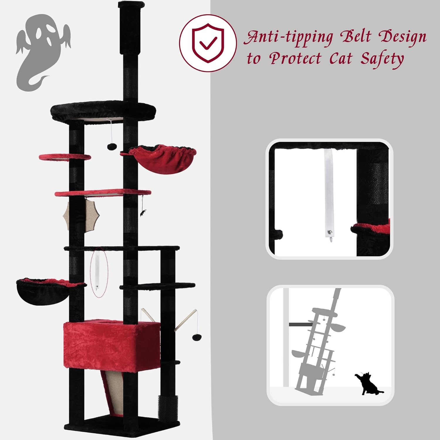 Hey-Brother Gothic Cat Tree, 98.4-110.2 Inches Floor to Ceiling Cat Tree-Adjustable Height, Tall Cat Climbing Tower for Cats Large Adult with Scratching Post, Cat Cando, Black and Red 0MPJ091BR - Light Gray image number 5