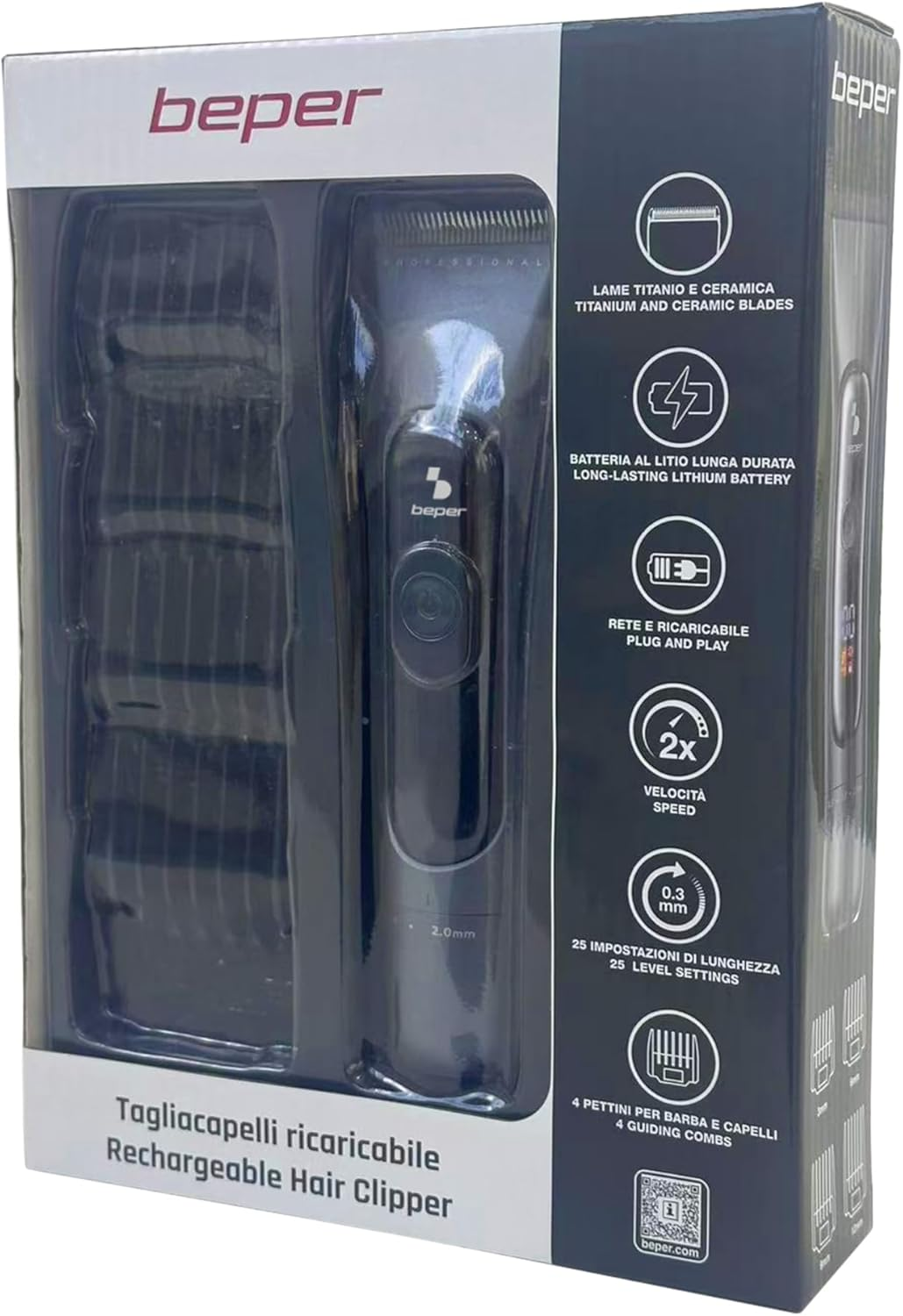 BEPER P304CAP010 Professional Men'S Hair Clipper, Titanium and Ceramic Blades, LED Display, 4 Adjustable Combs, 2 Speeds, Autonomy 3 Hours, USB-C Charging, Wired image number 5