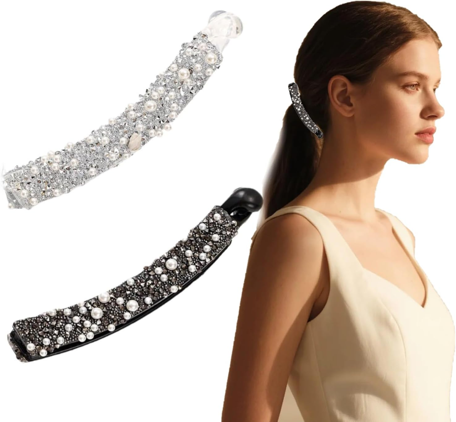 Pack of 2 Banana Hair Clips, Thin Hair, Rhinestone Banana Clip, Hair Beads, Black Hair Clip, White Hair Clips, Ponytail Clip, Hair Accessories for Women image number 2