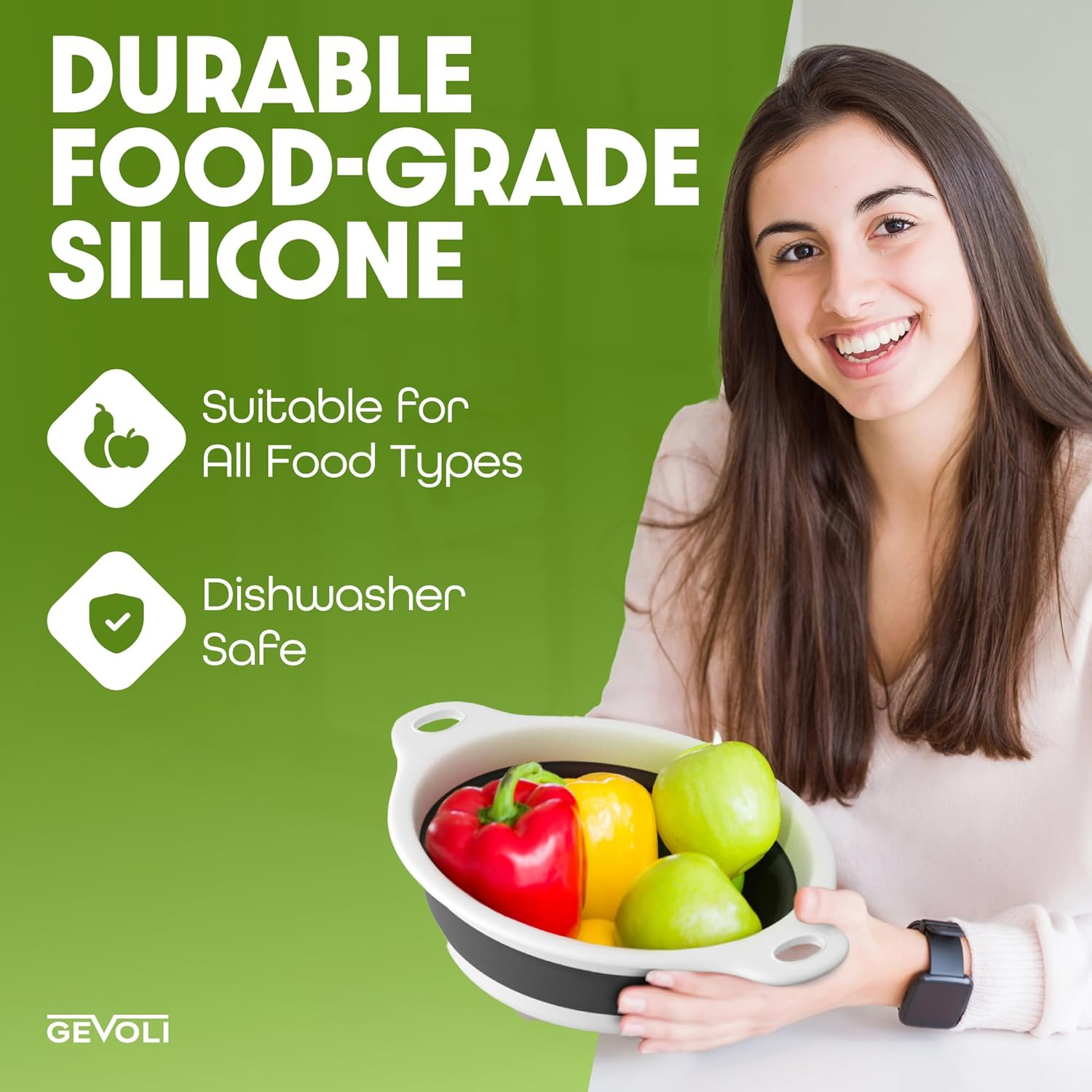 Gevoli Collapsible Colanders (3 Pack Set) Food Strainers with Over-Sink Water Draining Base for Pasta Fruits and Vegetables, White (3 Sizes, 3QT, 4QT and 5 Quart) image number 3