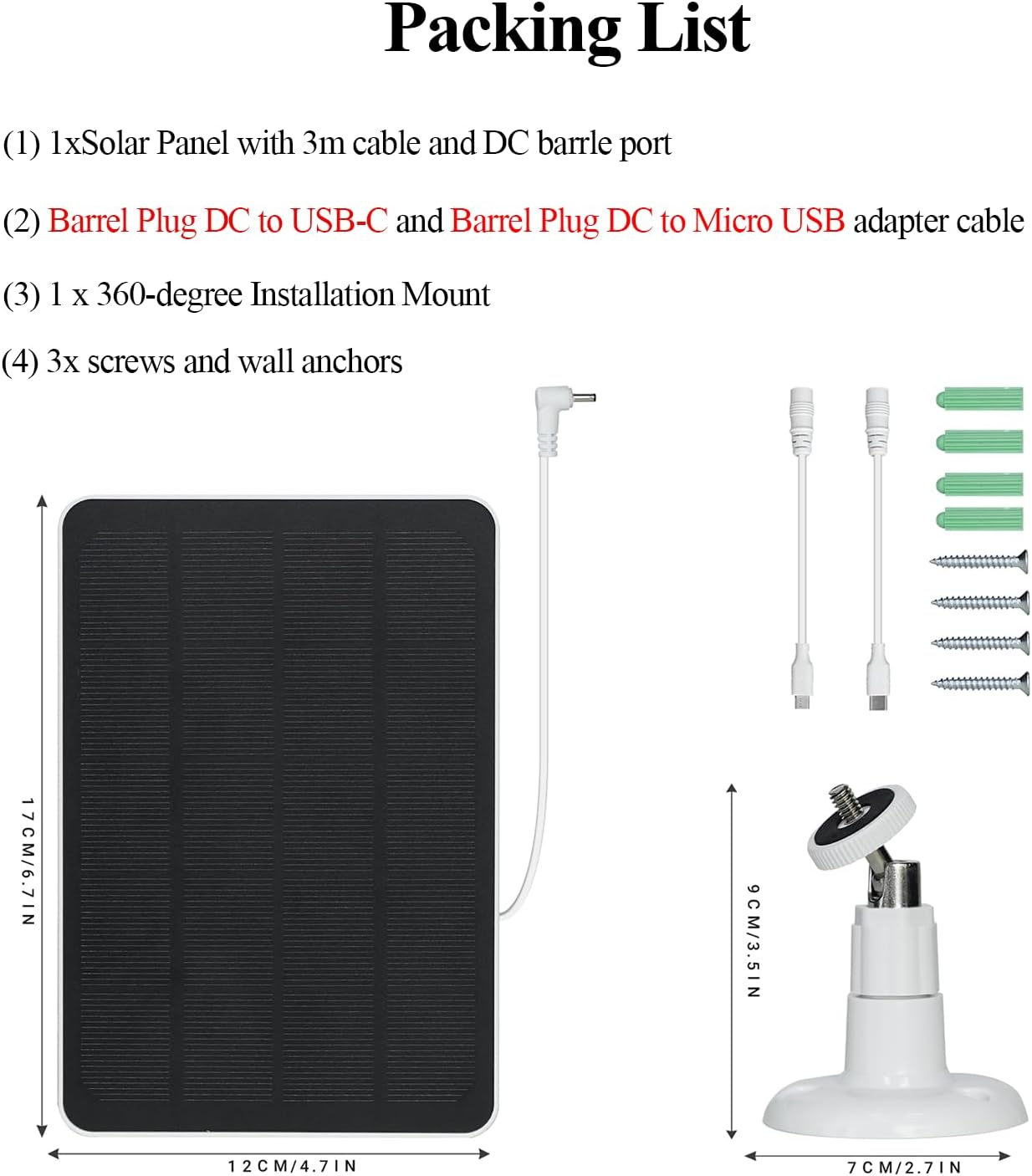 Upgrade 5W Solar Panel for Ring Camera, Compatible with Ring Spotlight Cam(Battery), Stick up Cam Battery, with 9.8Ft Cable, Barrel DC Port, Micro USB and Usb-C(Not for Spotlight Plus/Pro) 1 Pack