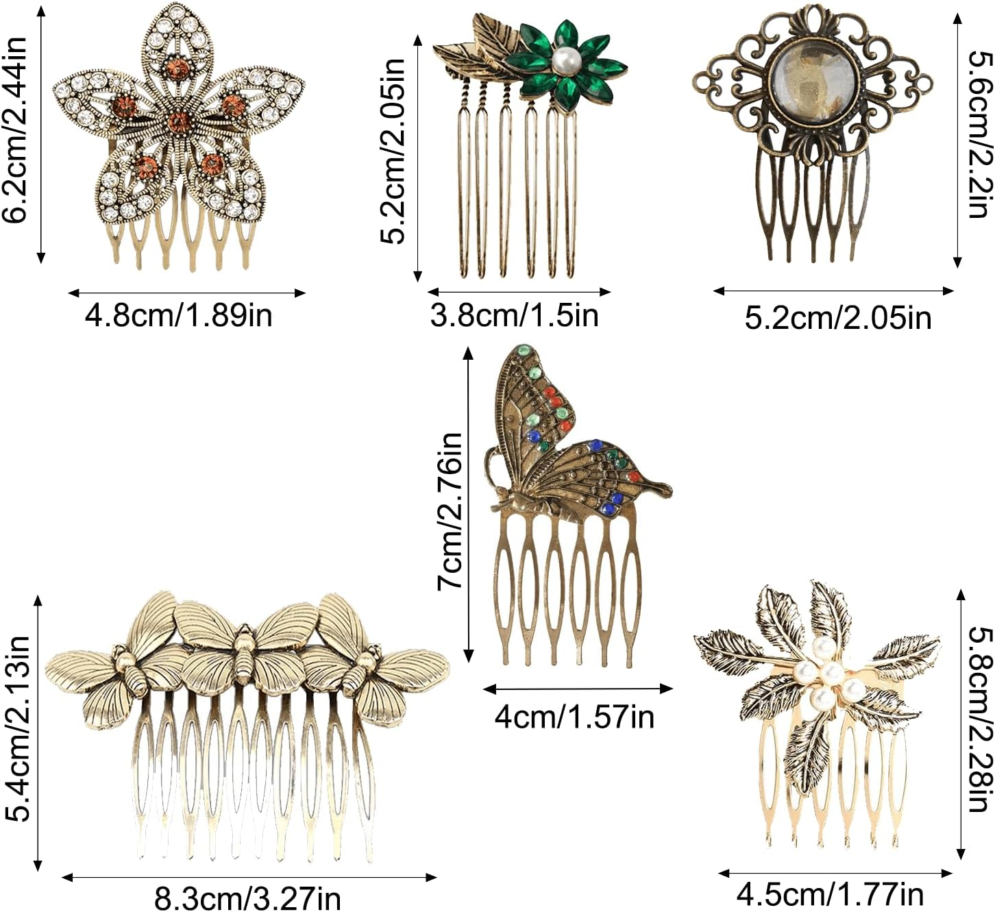 6 Pack Vintage Gold Hair Side Combs for Women Decorative,Butterfly Flower Leaf Pearl Rhinestone Metal Hair Comb Tooth Clip with Teeth Grip Crystal Bridal Hair Piece Pins for Wedding Accessories - Retro Gold image number 5