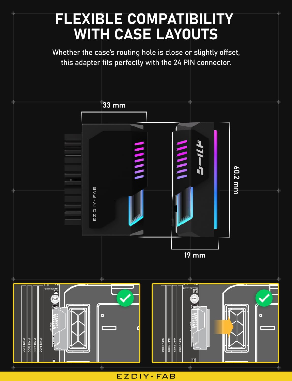 EZDIY-FAB Shield 24-Pin 90 Degree Angle Adapter with Infinity Mirror ARGB Light,Atx 24 Pin Power Connector, 5V 3Pin ARGB Sync-90 Degree-Black-1 Pack image number 6