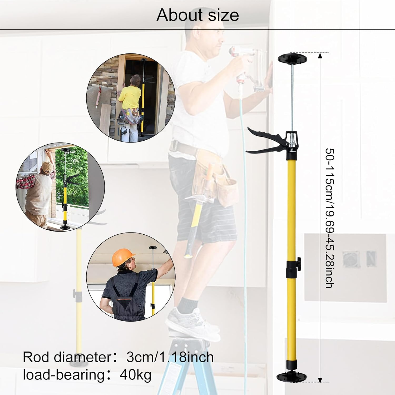 2 Pack Cabinet Jack, 50-115Cm Cabinet Jack Support Pole, Cabinet Steel Telescopic Quick Support Rod, 3Rd Hand Support System for Upper Cabinet Installation, Supports up to 40 Kg (Yellow) image number 4