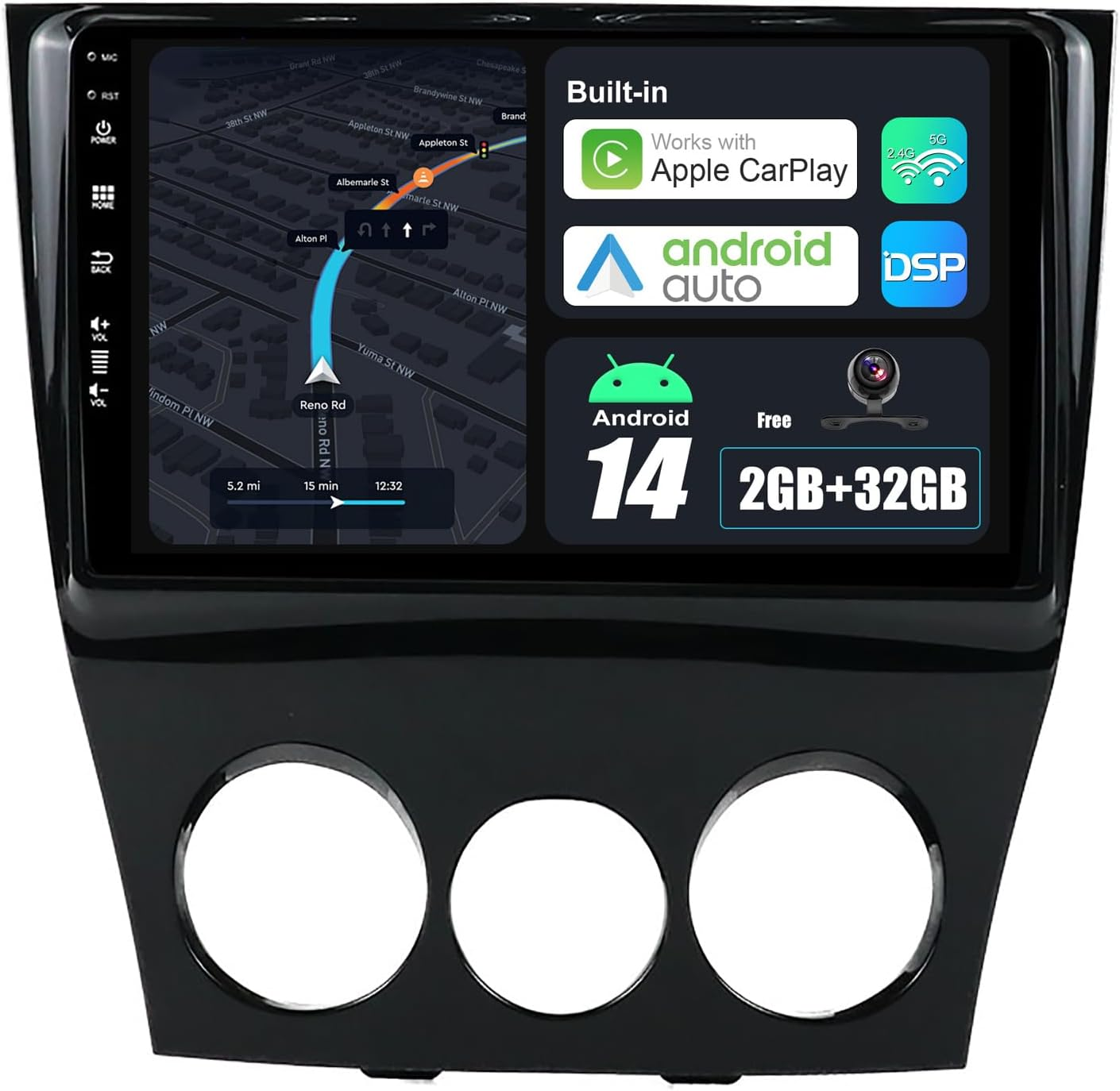 Android 14 IPS Car Stereo for Mazda RX8 RX-8 (2009-2011) - 2G+32G - Wireless Carplay/Android Auto - Rear Camera Free - 9 Inch 2 Din - DAB Steering Wheel Fast-Boot DSP Bluetooth Wifi GPS Navi image number 1