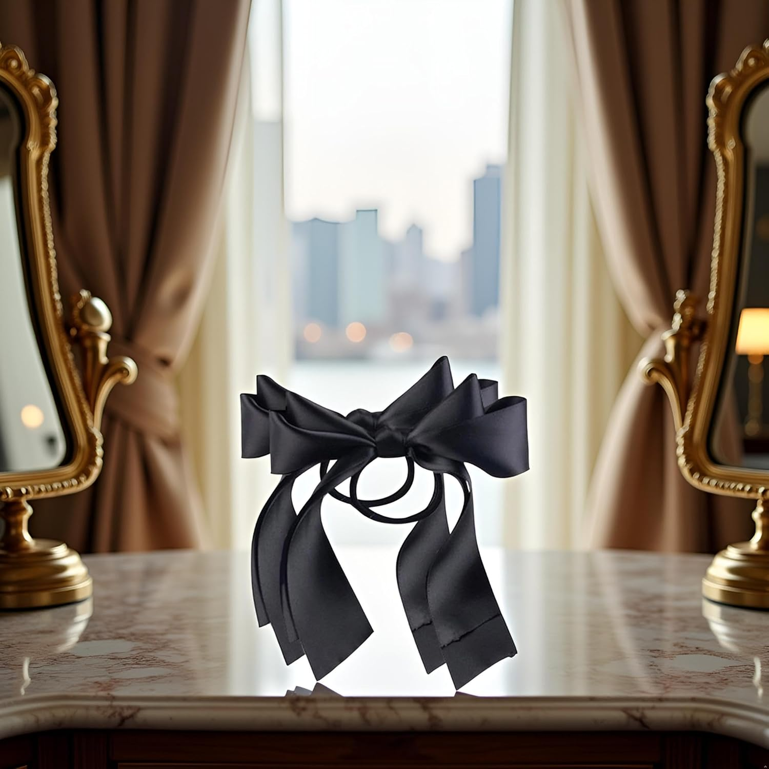 2 X Black Ribbon Rope Bowknot Hair Ties, Elastic Hair Band Girl Hair Accessories Ponytail Holders Hair Styling Accessories image number 1