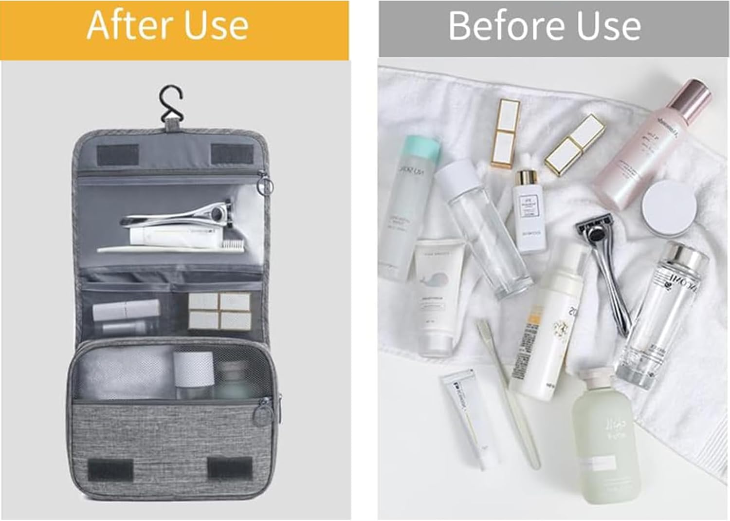 Rhoyee Hanging Toiletry Bag &ndash; Waterproof Travel Toiletries Organizer with Hook, 4-Layer Foldable Makeup & Shower Bag for Men and Women, Compact Bathroom Storage Pouch (Grey) image number 4