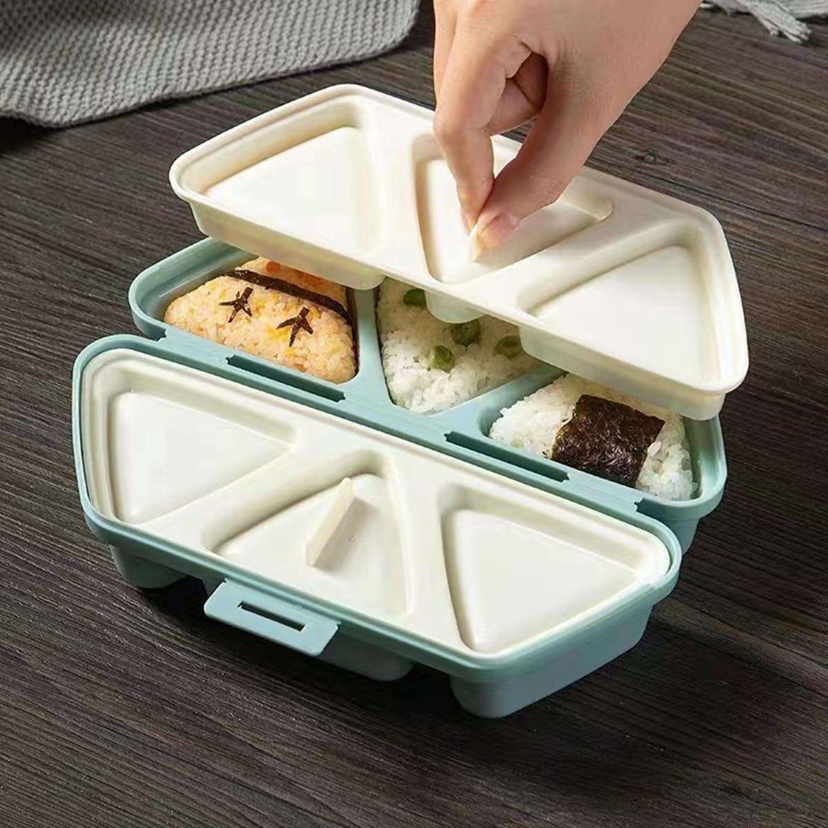TINGJUNN Onigiri Mold, 6 in 1 Triangle Onigiri Bento Box, Multi-Functional Triangle Sushi Mold for Making and Storing Sushi (Blue) image number 3