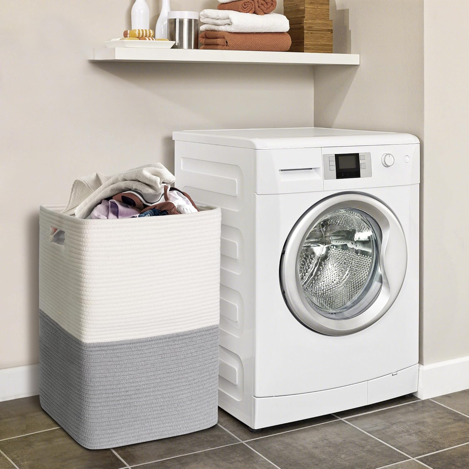 MEGASKET Large Laundry Hamper Basket, 16"X13"X22" Hampers for Bedroom Aesthetic, Cotton Rope Dirty Clothes Hamper, Soft Baby Kids Nursery Wicker Laundry Basket, Tall Woven Laundry Bin, Gray, 75L - Black Stripe image number 5