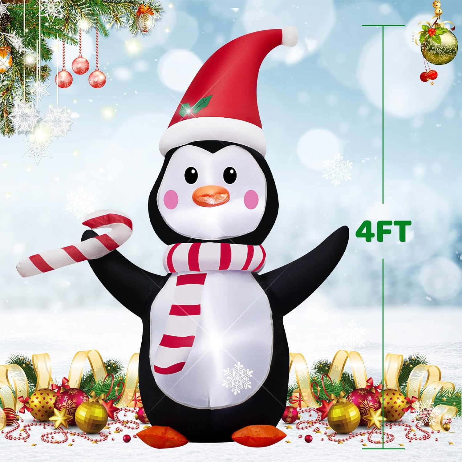 AJY 4FT Christmas Inflatable Penguin with Candy LED Lights for Xmas Blow up Indoor Outdoor Yard Lawn Decoration, Cute Fun Holiday/Christmas/Party/Yard/Garden Fantasy Party Display image number 6