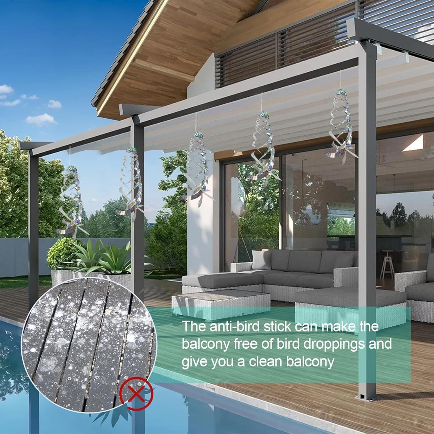 MLUOTALY 8 Pcs Bird Spiral Reflectors, 15.7 Inch Anti-Bird Spiral Reflector Scare Tool, Hanging Reflection to Scare Pigeons and Other Small Birds, Garden Porch Decoration image number 5