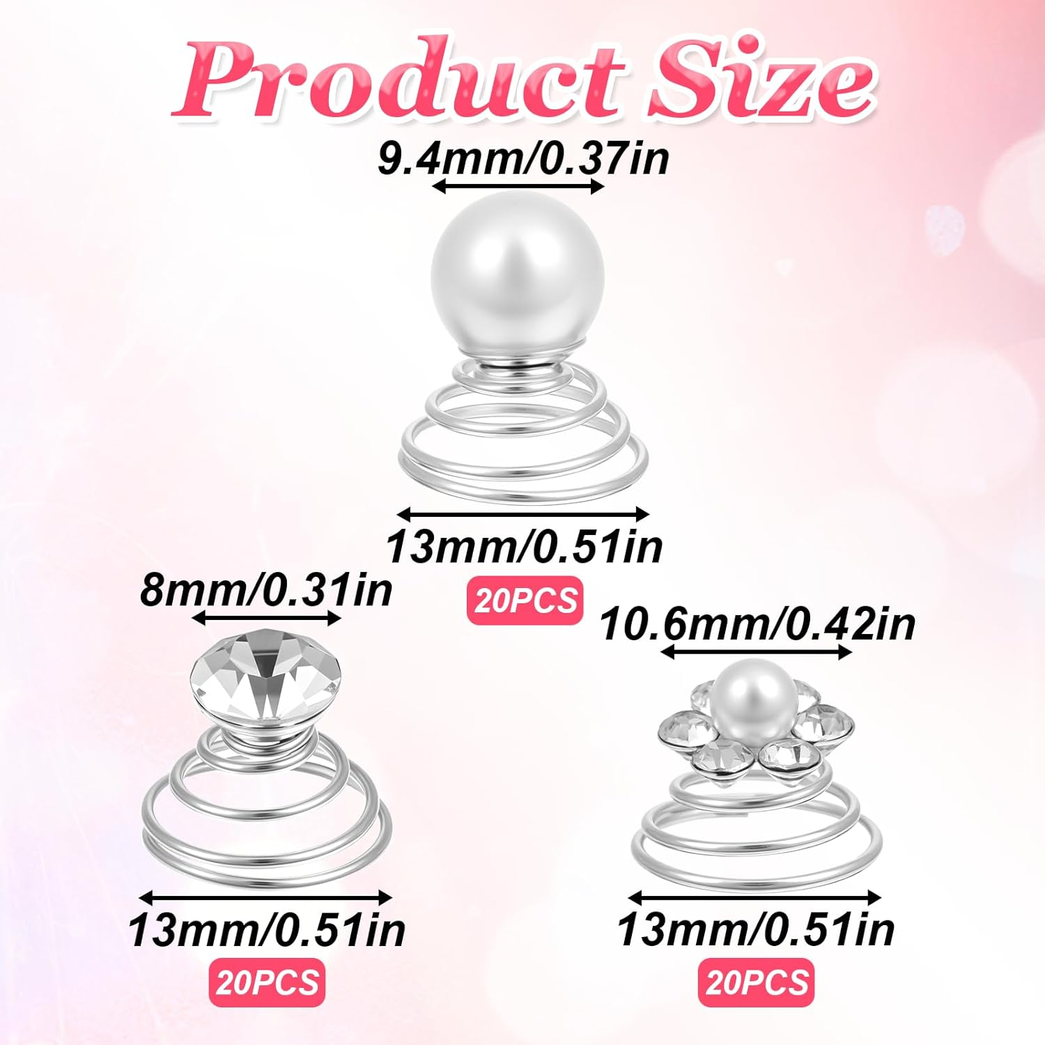 60 Pcs Gems Rhinestone Twister Hair Studs Set, Diamond Spiral Pearl Flower Jewels Hair Pins Silver Rhinestone Hairpin Coil Decorative Accessories for Bridal, Bridesmaid Wedding Party (3 Styles) image number 3