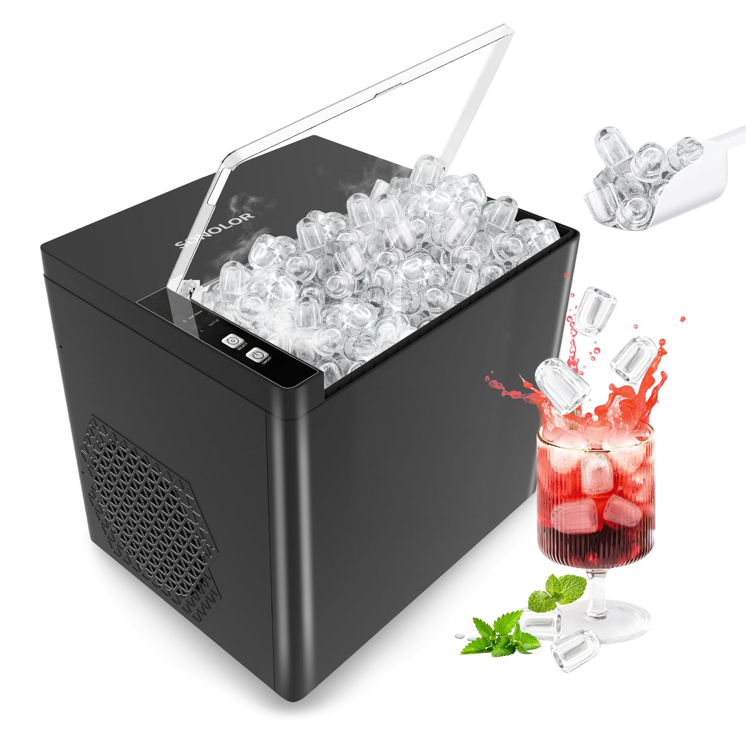 SONOLOR Ice Maker Countertop, Portable Ice Machine with Ice Scoop, Basket, 9 Cubes in 6 Mins, 26.5Lbs/24H, 2 Sizes of Bullet Ice, One-Click Operation Ice Makers for Home/Party/Offices/Bars (Black) image number 6