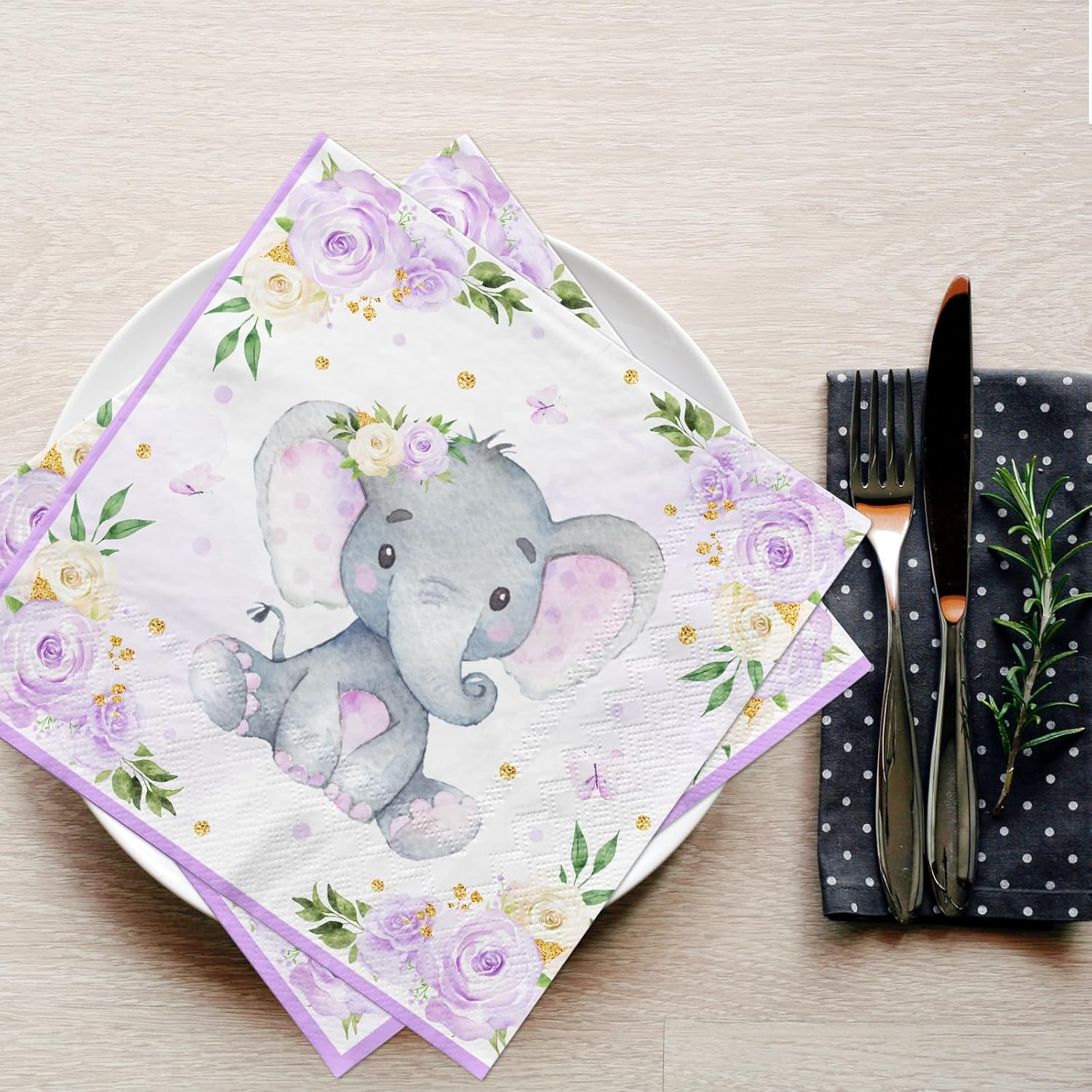 Juweked 40Pcs Lilac Elephant Baby Shower Napkins for Girl - 2-Ply Paper Napkins - 6.5" X 6.5" (Folded), 13" X 13" (Unfolded) - Baby Shower Decorations image number 3