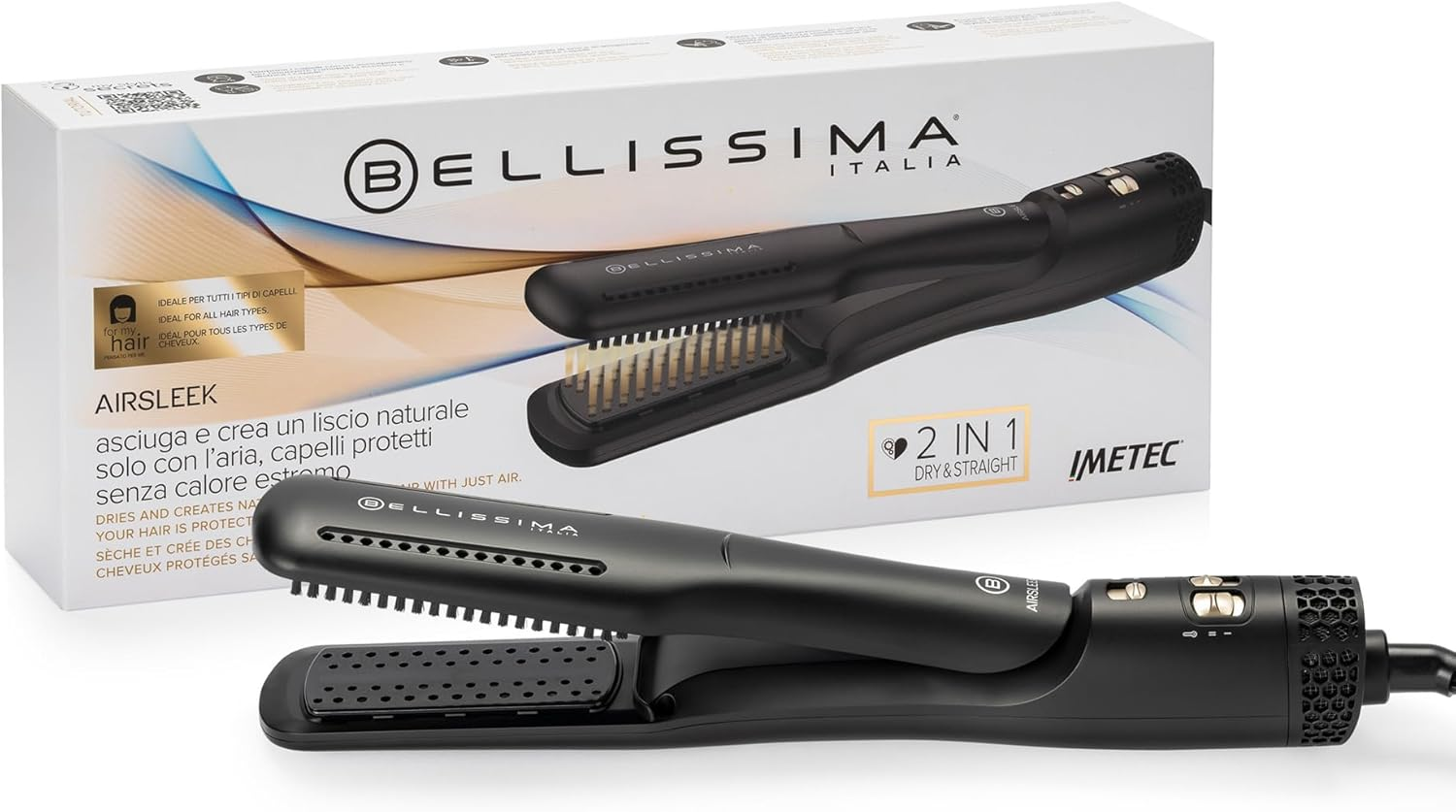 Bellissima Airsleek 2-In-1 Hair Straightener, Dries and Creates Natural Smoothness with the Air, Protected Hair without Extreme Heat, Ionizer, Ceramic Coating and Keratin, 2 Temperatures