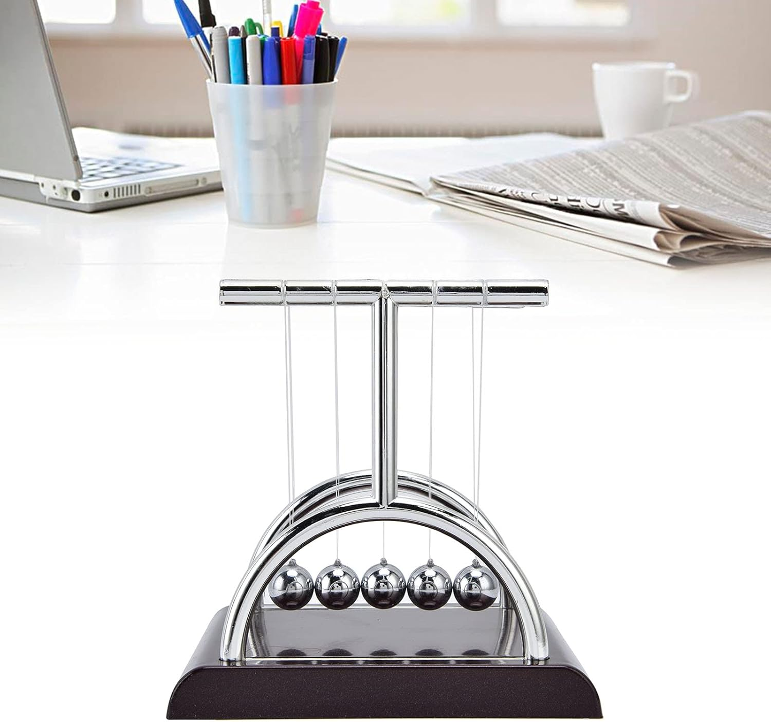 Newtons Balance Balls, Metal Balance Ball Art in Motion Toy with Plastic Base, Innovative Physics Science Educational Toy Pendulum Ball for Home Office Decoration image number 5