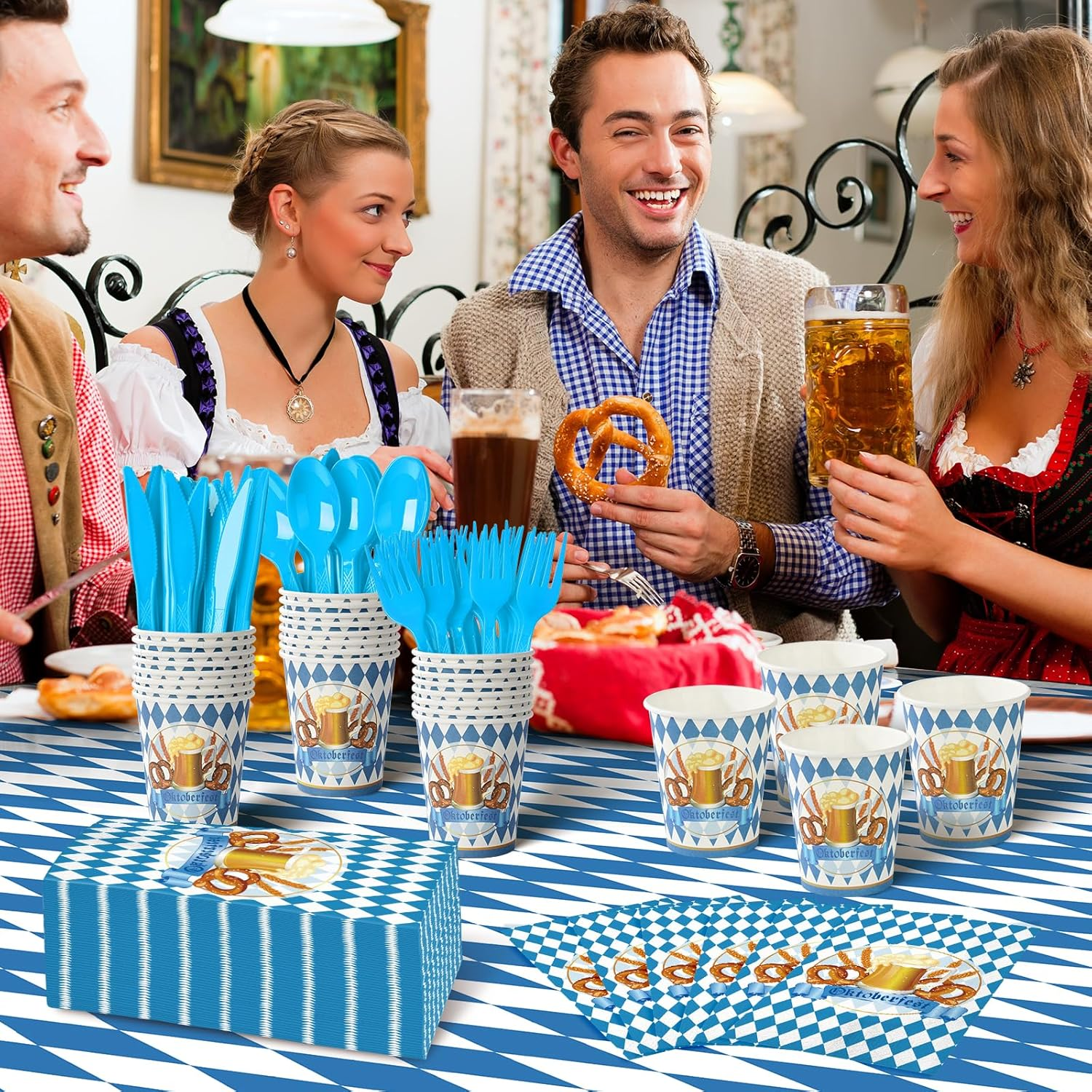 Ragnhild Oktoberfest Party Supplies Decorations, Blue & White Checkered Flag Tablecloth, Banner, Plates, Napkins, Cutlery Set for Oktoberfest Festival