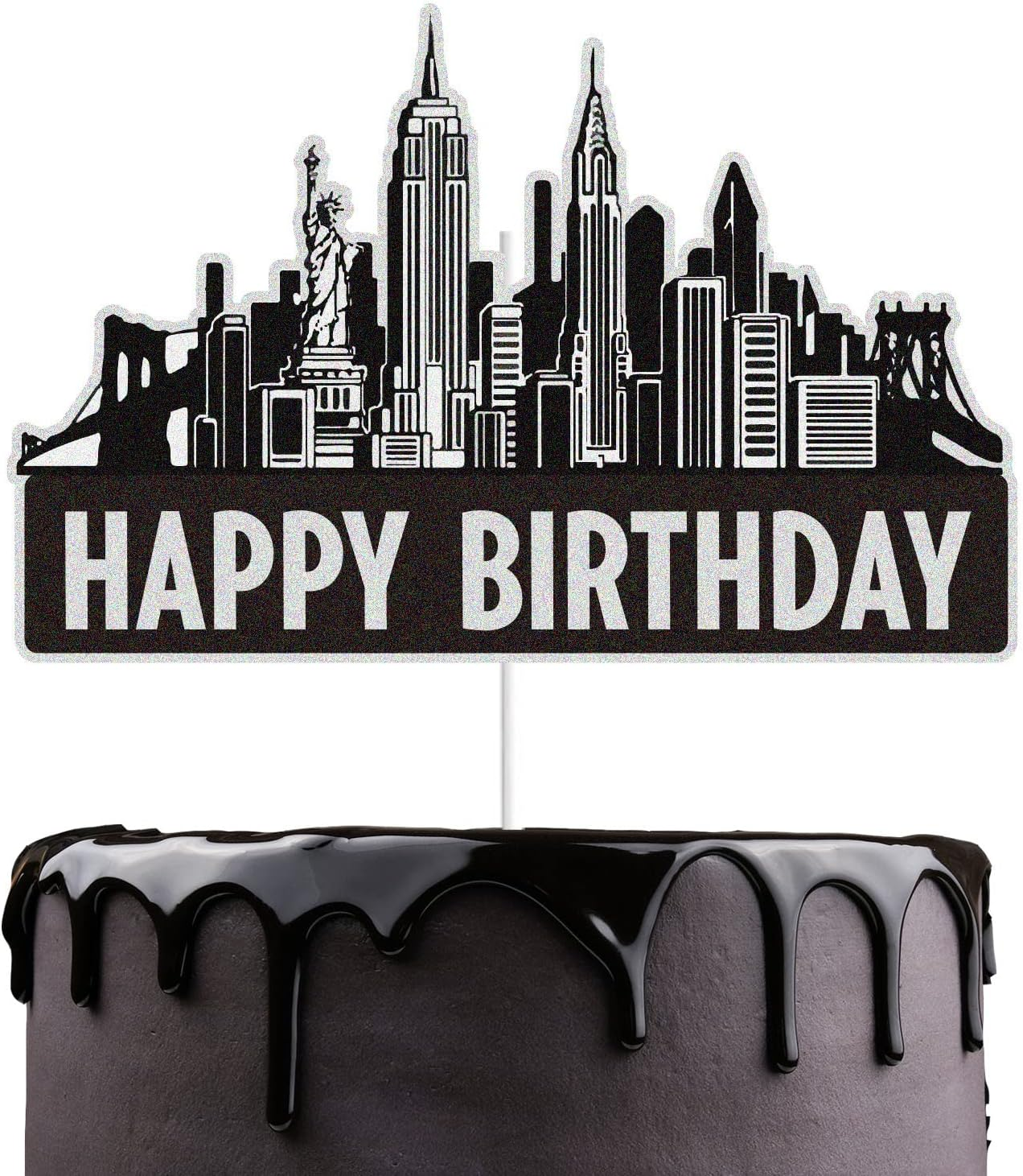 New York City Cake Toppers Black Glitter NYC Cityscape Bday Party Cake Decor Scenic Building Images Lighted City Backdrop Party Decoration Supplies image number 3