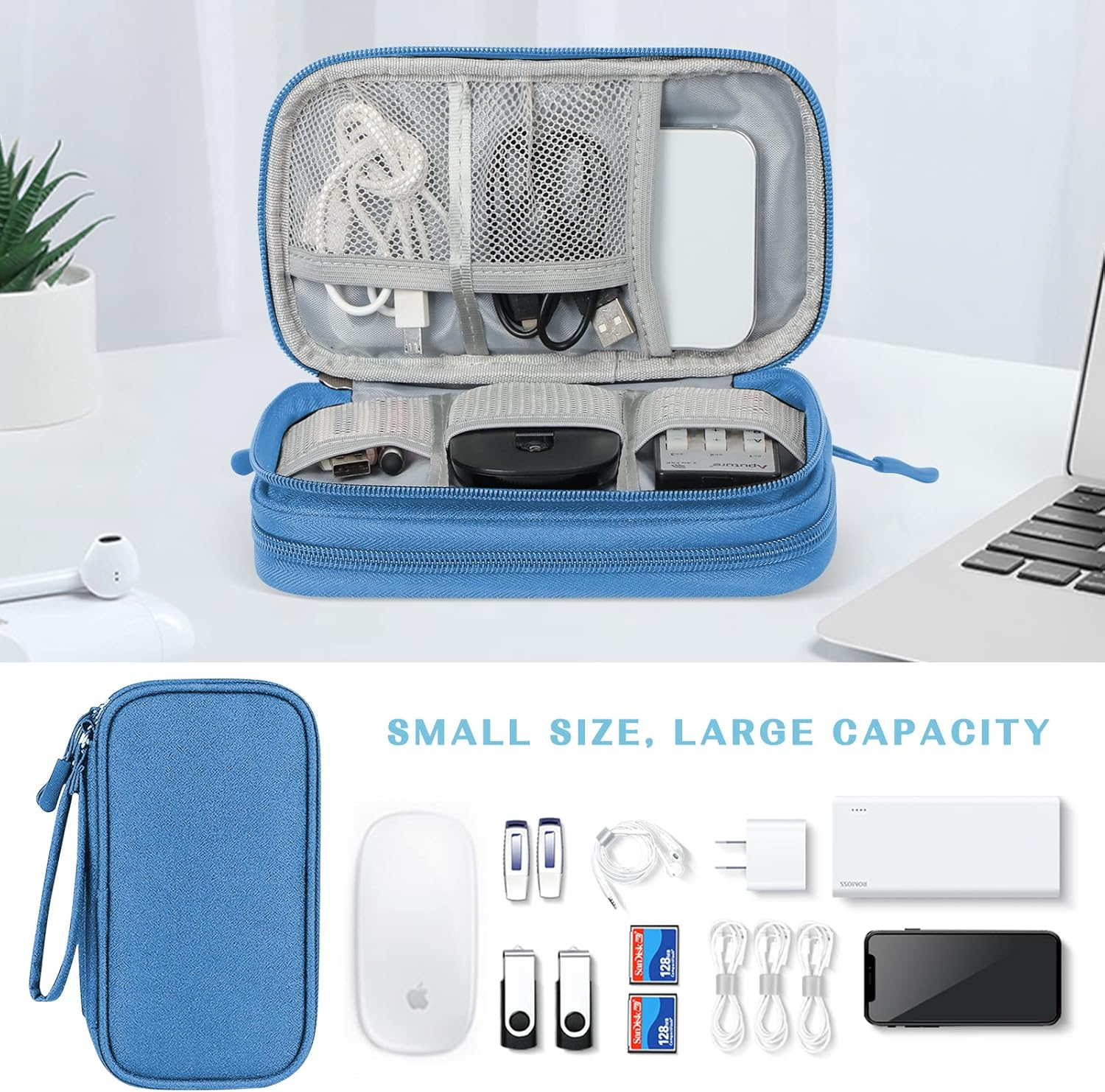 FYY Electronic Organizer, Travel Cable Organizer Bag Pouch Electronic Accessories Carry Case Portable Waterproof Double Layers Storage Bag for Cable, Cord, Charger, Phone, Earphone, Medium Size, Blue image number 5