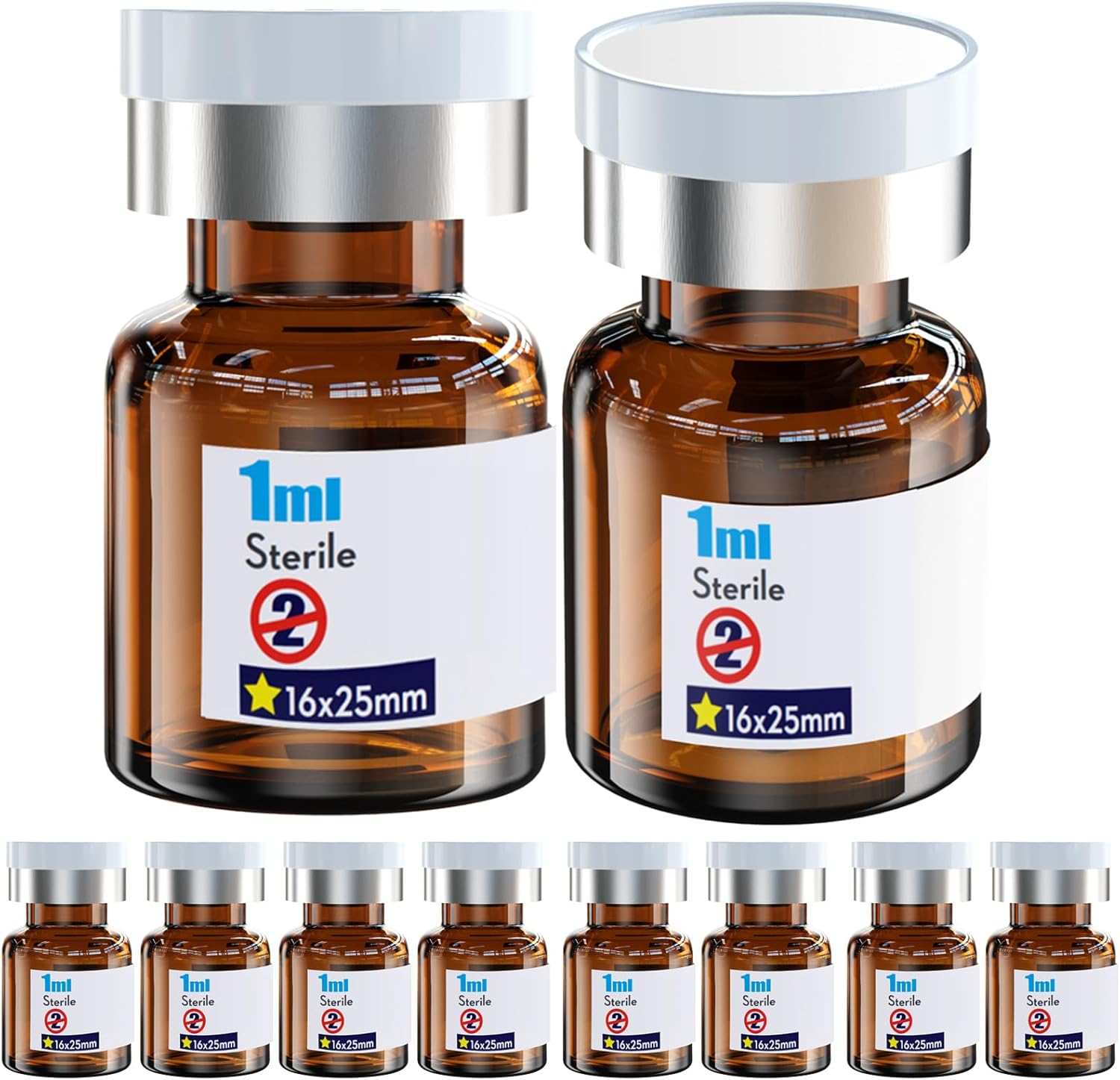 Ks-Tek Sterile Empty Vials with Self Healing Injection Port,With Aluminum Plastic Cap,Sterile Package (10, 2Ml Amber)