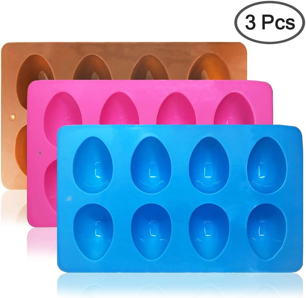 SENHAI 3 Pcs Egg Shape Silicone Molds, 8-Cavity Food-Grade Baking Mold for DIY Cake Decoration,Chocolate, Pastry, Muffin, Bread, Ice Cube, Soap - Pink, Blue, Brown image number 3