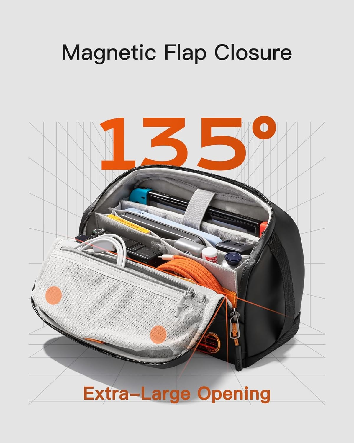 Inateck Tech Sling Bag, 135&deg; Opening Design Tech Pouch, Water-Resistant Desk Caddy Compatible with Ipad Mini, Switch, Hard Drives, Headphones, Protective Crossbody Bag for Daliy Use, Travel-Black image number 6