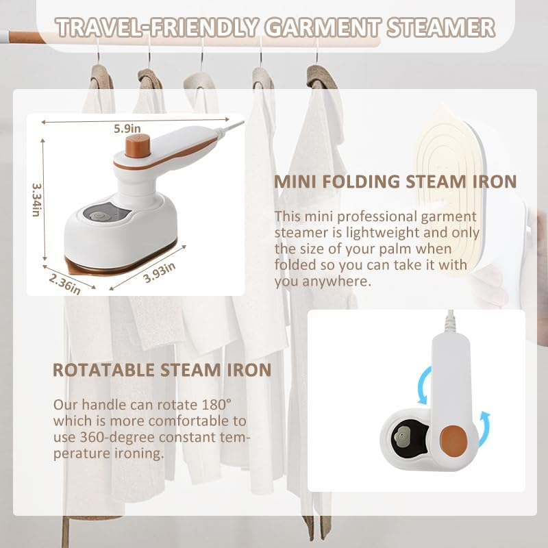Mini Foldable Garment Steamer Iron, 2-IN-1 Clothes Handheld Steamer,Clothes Iron Steam Steamer,180&deg; Rotatable Steam Iron,Portable Iron Fabric Steamer for Home Office Business Travel (White) image number 3