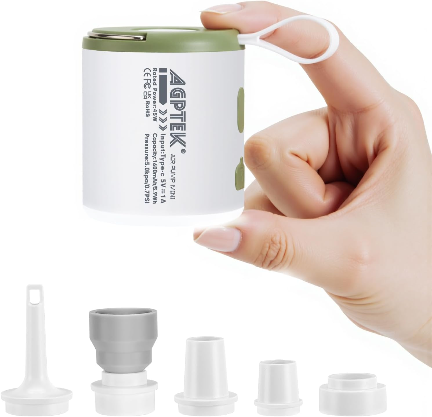 AGPTEK Air Pump for Inflatables,5.5Kpa Portable Air Pump with Led Light,1600Mah Rechargeable Battery and Magnetic Design Mini Pump Camping Light 5 Nozzles for Air Mattress, Inflatable Float