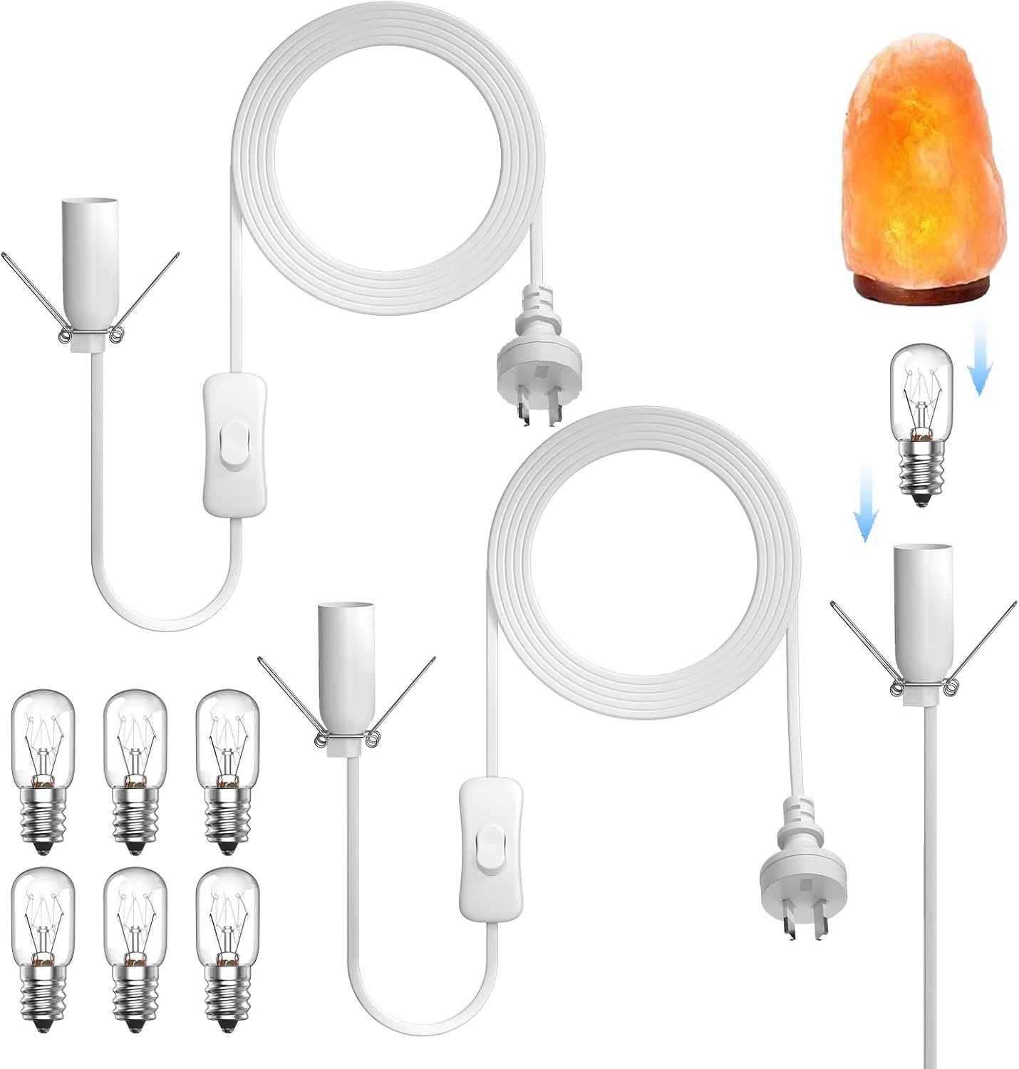 Tobebright 2X Salt Lamp Cord with On/Off Control Safe Plug and 6 Free E14 Bulbs, Salt Lamp Cord 1.8M, White Salt Lamp Power Cable Replacement Light Fitting Spare, for Himalayan Crystal Salt Rock Lamp