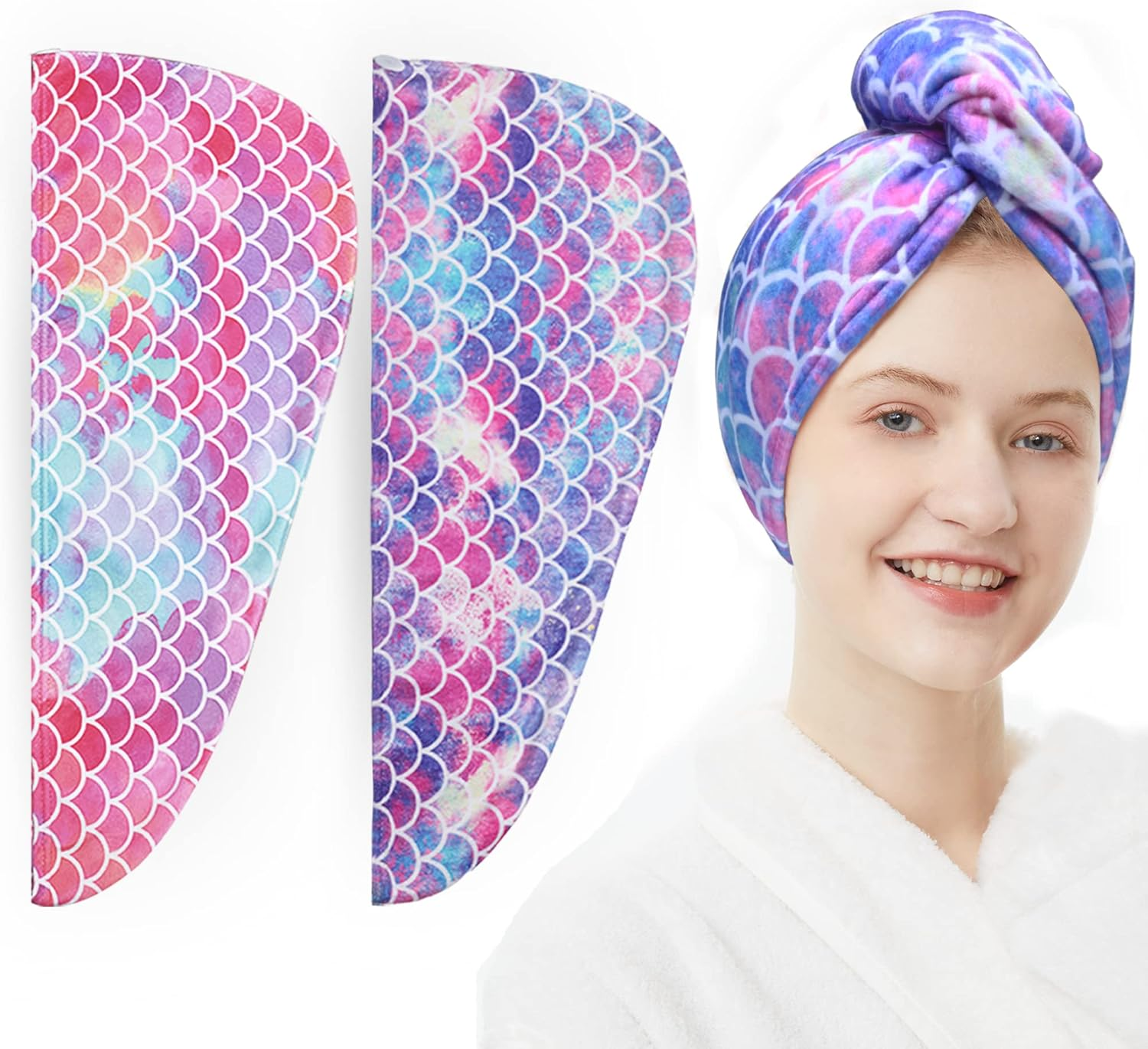 ELLEWIN Microfiber Hair Towel Wrap for Kids Girls 2 Pack Turban Drying Women Set Absorbent Quick Dry Twisty anti Frizz Curly Long Thick (Mermaid) Galaxy&Multicolor-Normal-2Pack One Size