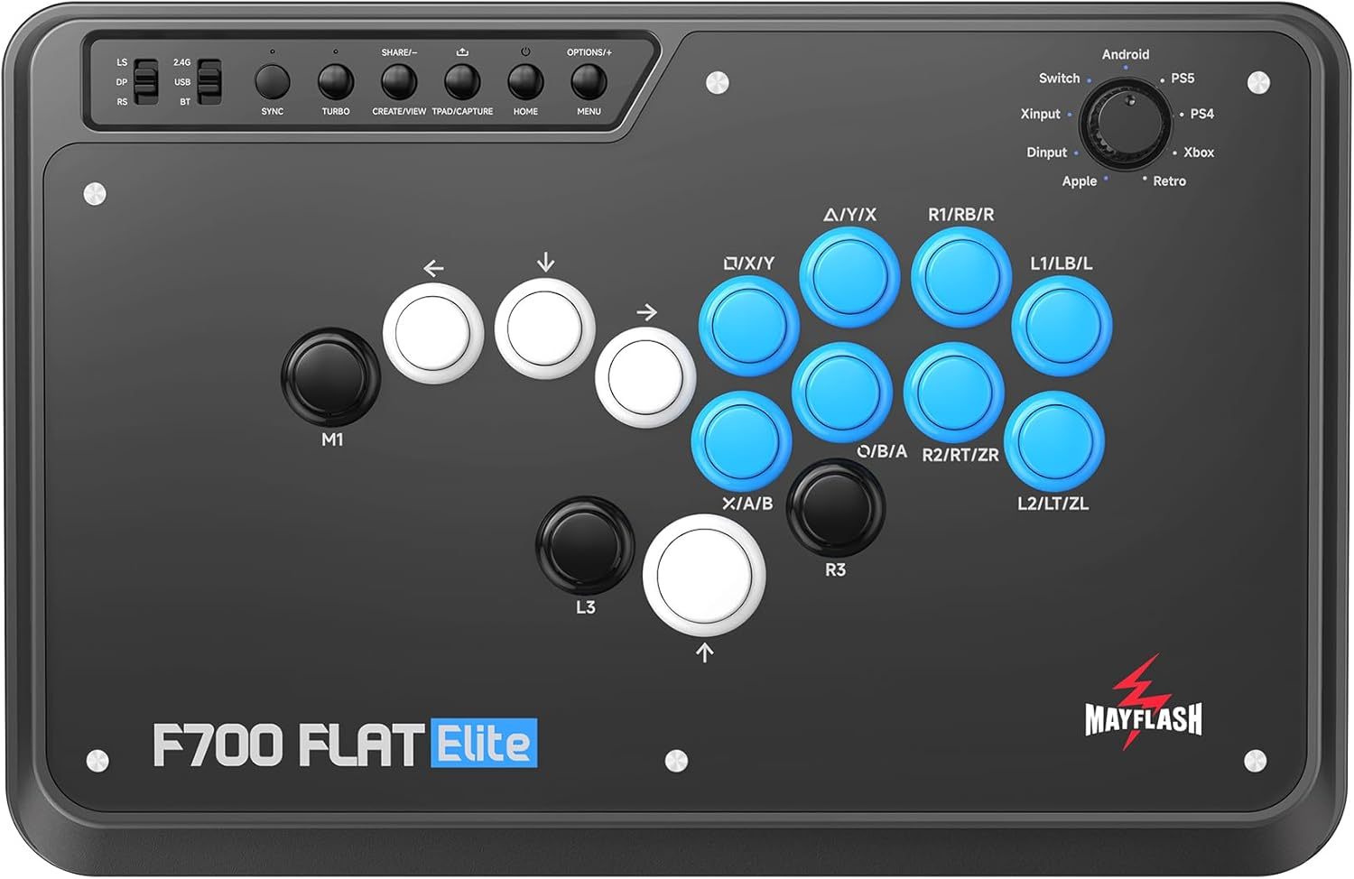 MAYFLASH F700 FLAT Elite Wireless Arcade Stick Leverless All Button Controller with Sanwa Buttons Compatible with PS5, PS4, PC, Xbox Series S/X, Switch and More Support Bluetooth, 2.4G and Wired image number 6