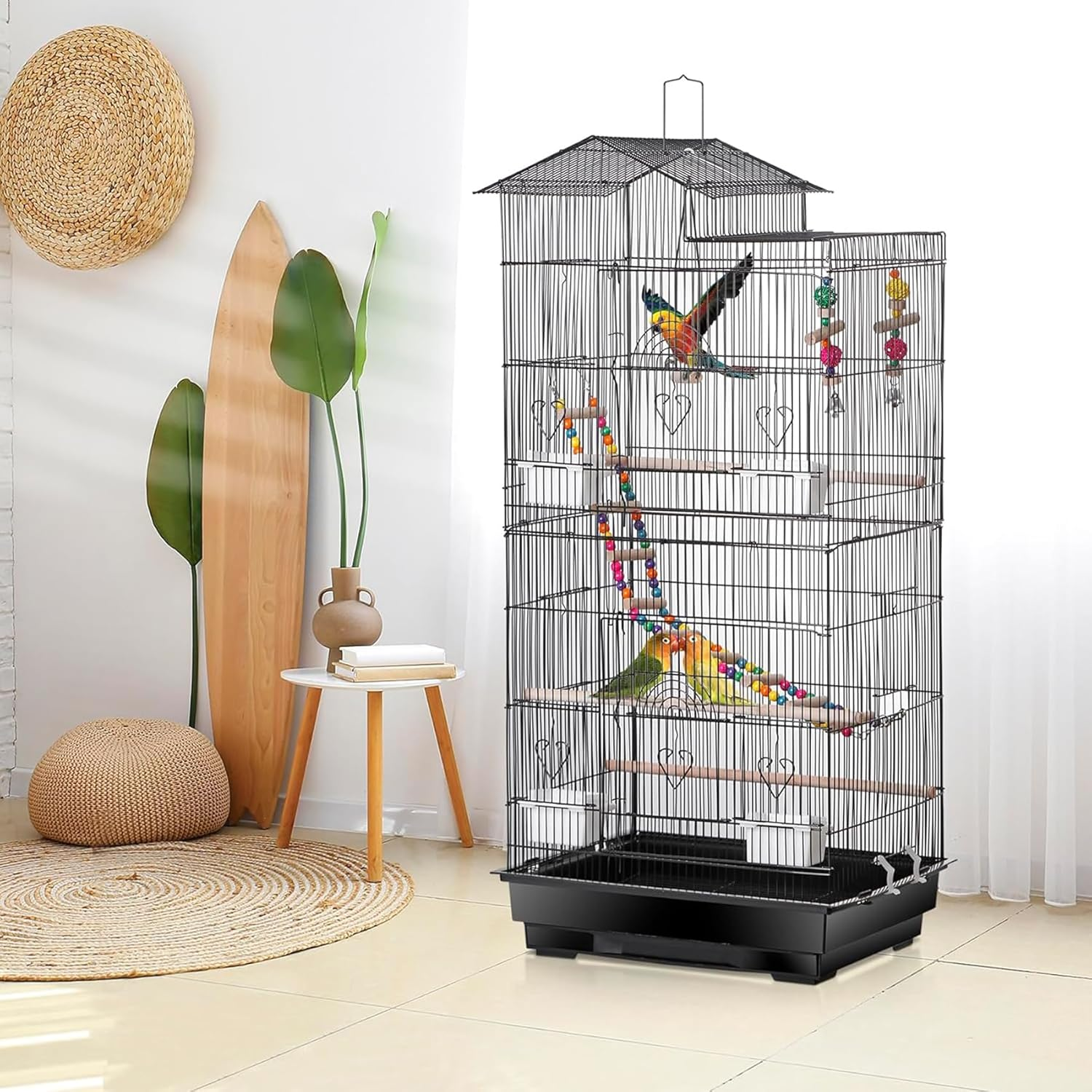 Metal Bird Cage, Large Flight Bird Cages for Conure Parakeet, Quaker Parrot, Cockatiel, Lovebird, Pigeon with Roof Top, Black 45 * 35 * 100Cm