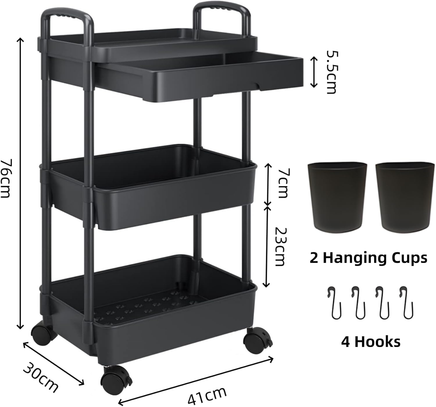 FORYUSE 3 Tier Rolling Utility Cart with Drawer Detachable Storage Organiser Shelf Trolley with Lockable Wheels, Handle, Hooks, Hanging Cups for Bathroom Kitchen Black image number 1