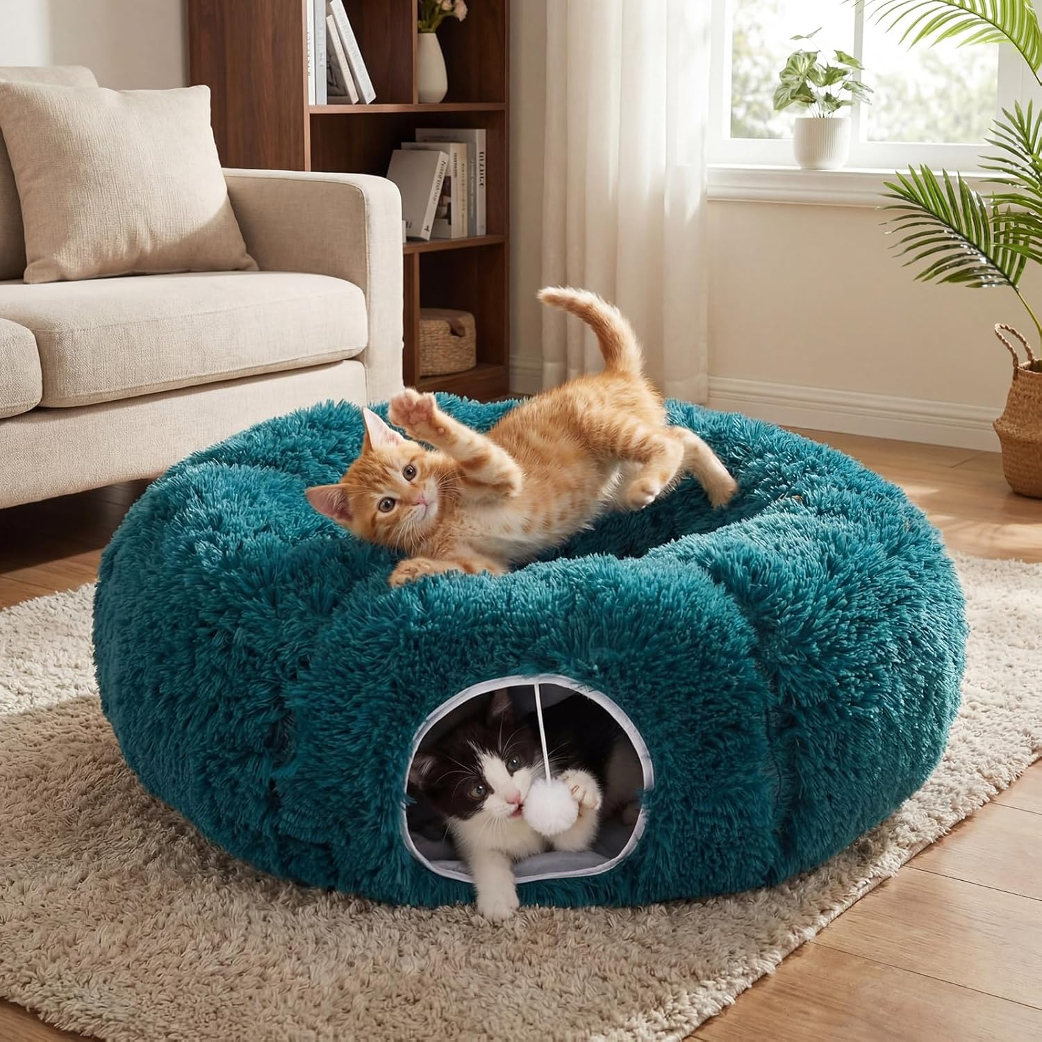 Siltriangle Cat Tunnel Christmas Tree Skirt Large Soft Plush Tunnel Bed under Christmas Tree for Indoor Cats 36" Circle Donut Tube Bed with Central Mat for Cat Puppy Rabbit Kitten Xmas Gifts(Beige)