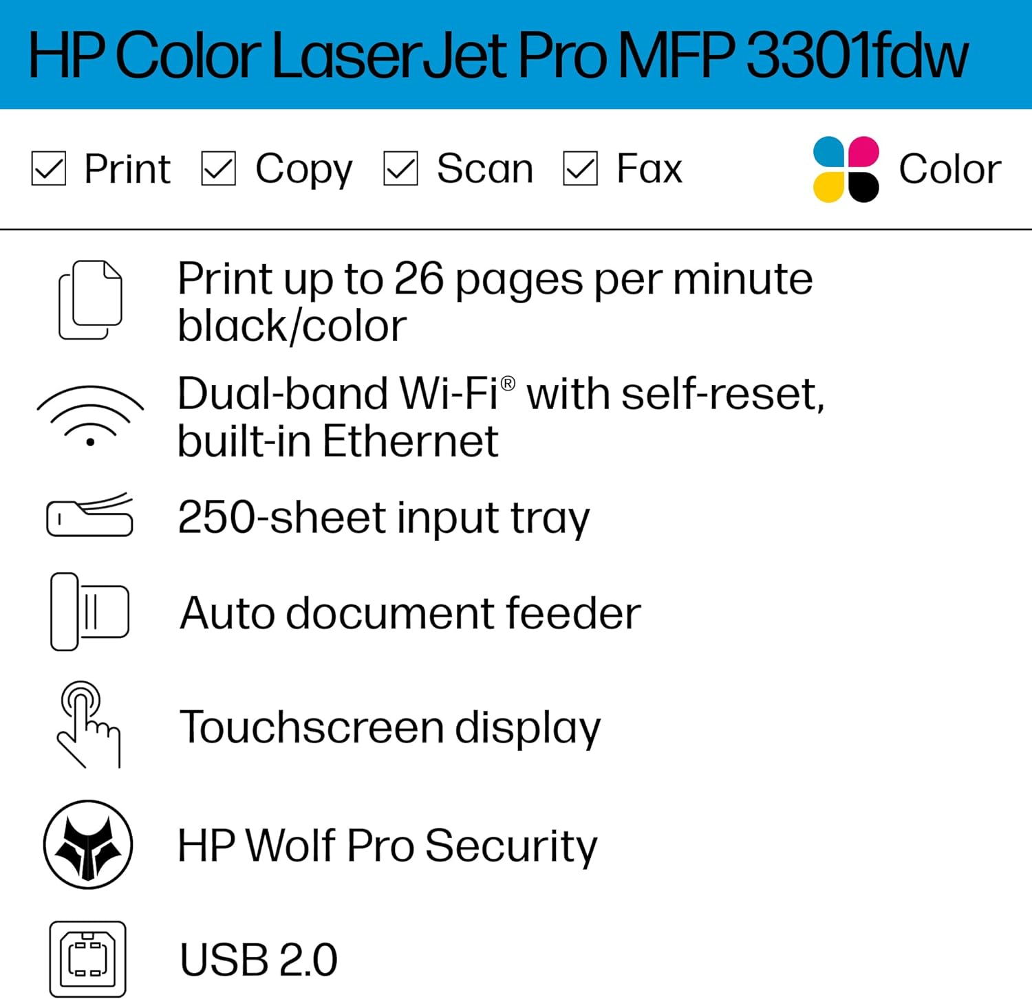 HP Color Laserjet Pro MFP 3301Fdw Wireless All-In-One Color Laser Printer, Office Printer, Scanner, Copier, Fax, ADF, Duplex, Best-For-Office (499Q5F) image number 3