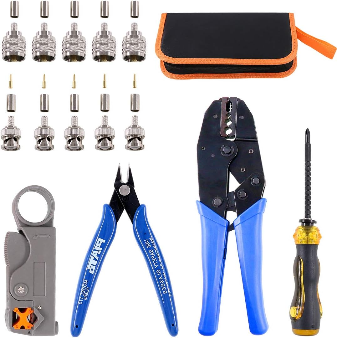 Glarks Coaxial Cable Tool Set, Coax RF Connector Crimping Tool + Coaxial Cable Stripper + BNC/UHF Crimp Male Connectors + Wire Cutter + Screw Driver for RG58, RG59, RG62, RG174 image number 2