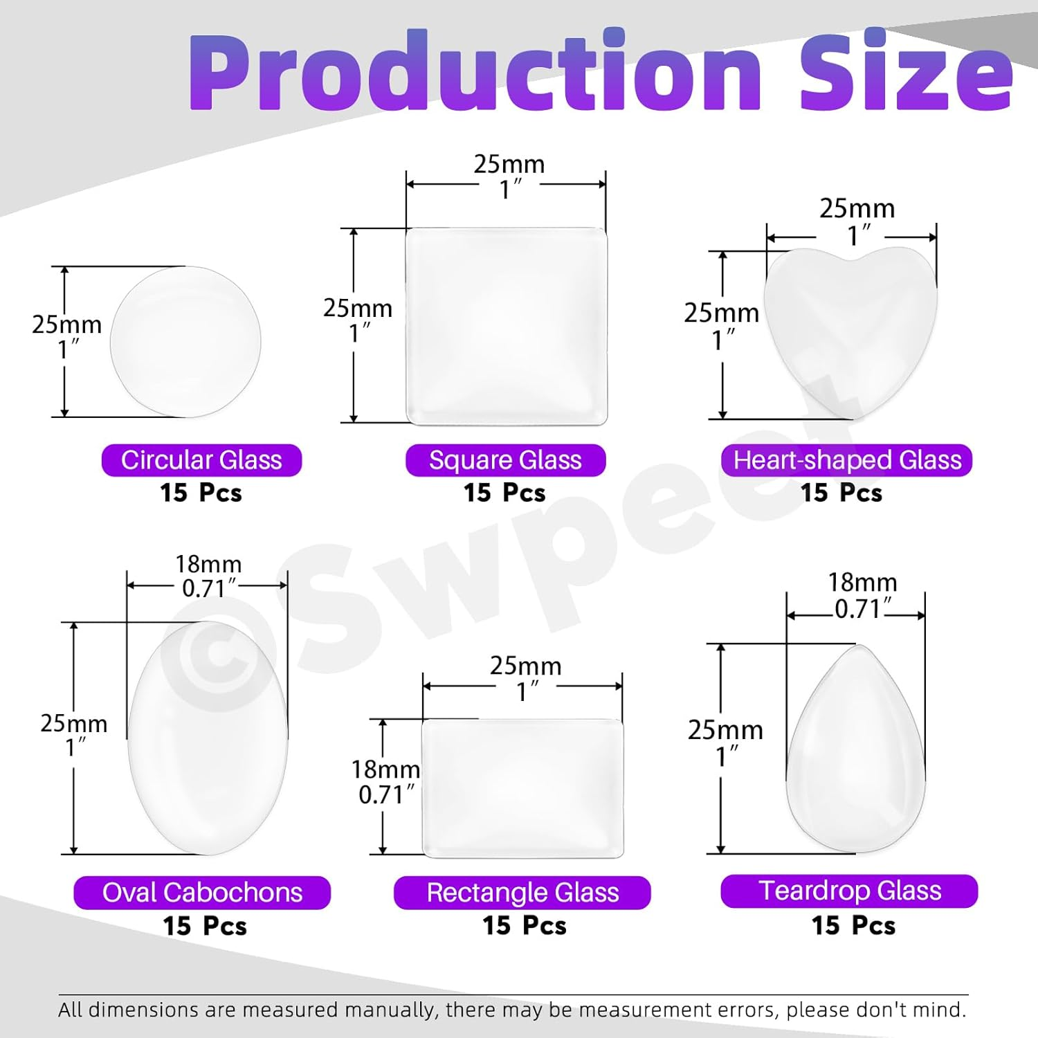 Swpeet 90Pcs 25Mm 6 Styles Round/Square/Rectangle/Heart/Oval/Teardrop Transparent Glass Dome Cabochons Tiles Assortment Kit, Clear Glass Cabochons Tiles for Photo Pendant Necklace Jewelry Making Craft image number 5