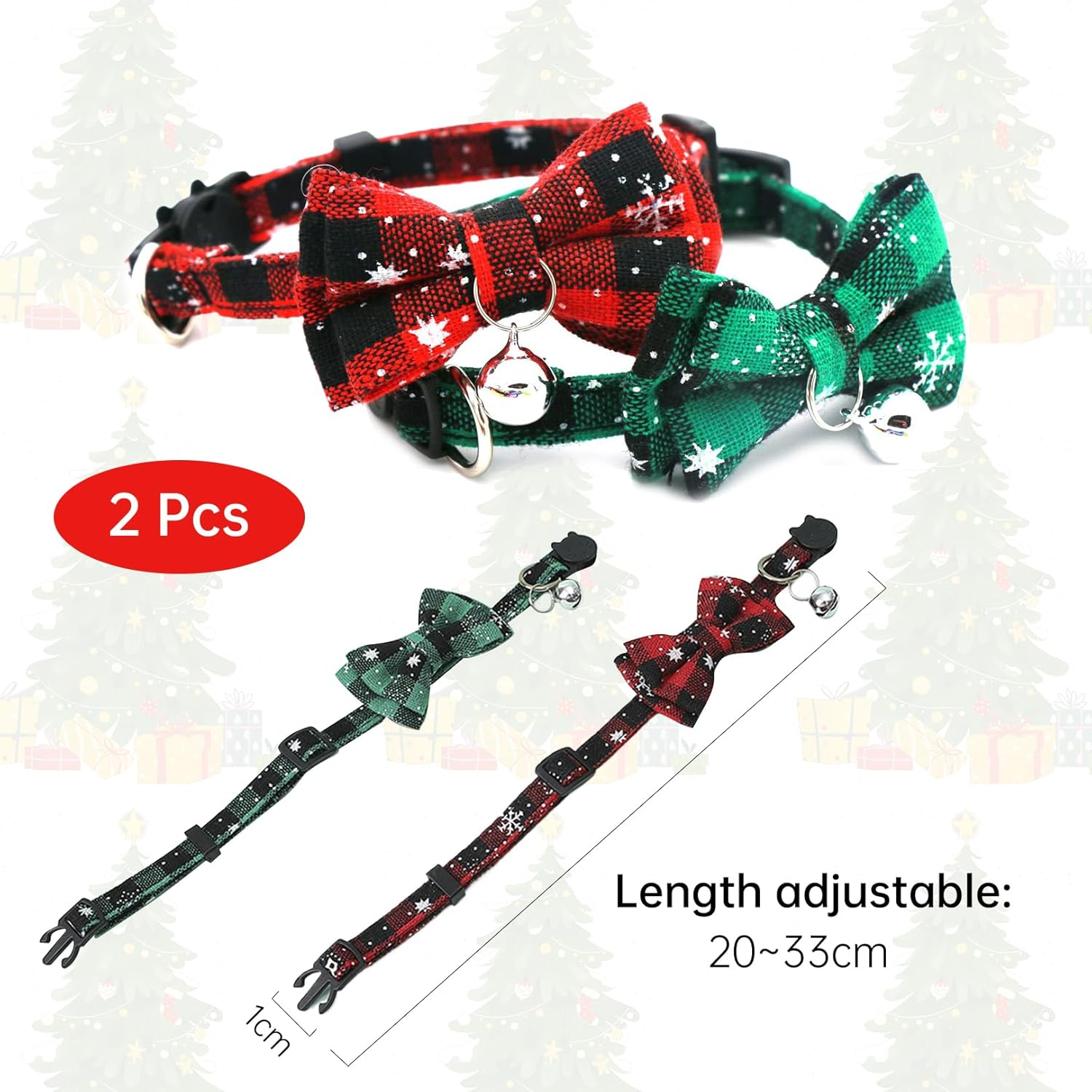 2Pcs Christmas Cat Bow Tie Collars with Bells, Adjustable Cat Collars with Quick Release Buckles, Christmas Red Green Plaid Kitten Collars Bow Ties, Cat Dog Pet Christmas Outfit Costume Accessories image number 6