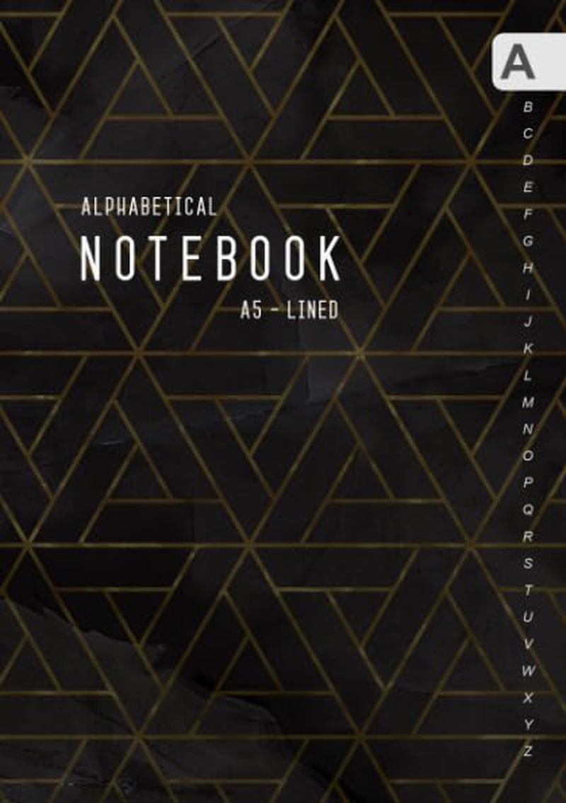 Alphabetical Notebook A5: Medium Lined-Journal Organizer with A-Z Tabs Printed | Geometric Triangle Design Marble Black Gold image number 1