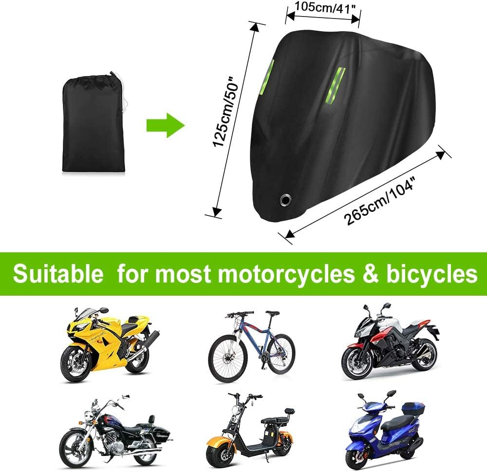 Motorcycle Cover All Season,Universal Weather Durable Quality Waterproof Sun Outdoor Protection Scooter Shelter Tear Proof Night Reflective & Lock-Holes Storage Bag Fits up to 104" Motorcycles Vehicle image number 1