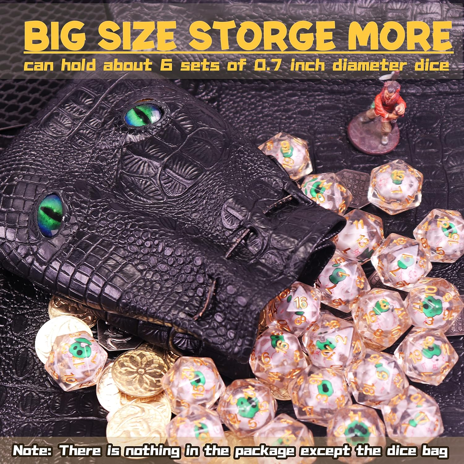 Large DND Dice Bag, Black DND Dice Bag Can Hold 6 DND Dice Sets, Fire Dragon Leather Coin Bag, Glows Green Light in Eyes, Suitable for DND Board Games, Fantasy RPG Game Accessories, Dice Not Included