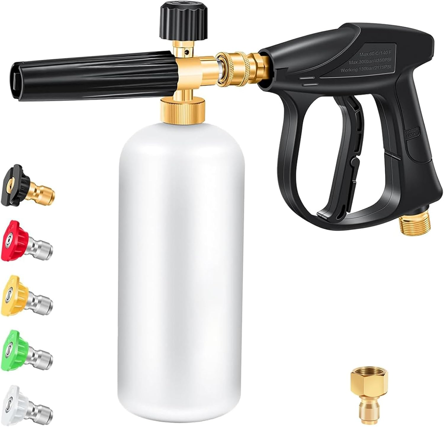 Foam Cannon Short Pressure Washer Gun 1/4 Inch Quick Connector, 1 Liter Car Wash Foam Gun with 5 Pressure Washer Nozzle Tips 3/8'' Swivel Quick Connector, Applicable to M22-14 Threaded Interface image number 2