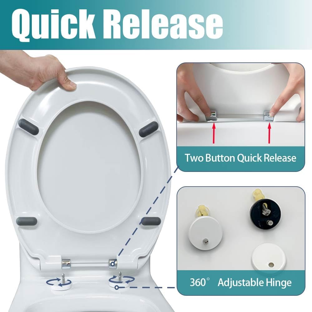 Toilet Seat White Thicken Heavy Duty Quick Release Oval Toilet Lid with Stainless Steel Hinge Elongated Toilet Seat Replacement for Standard Oval (Oval Soft Close Quick Release 01)