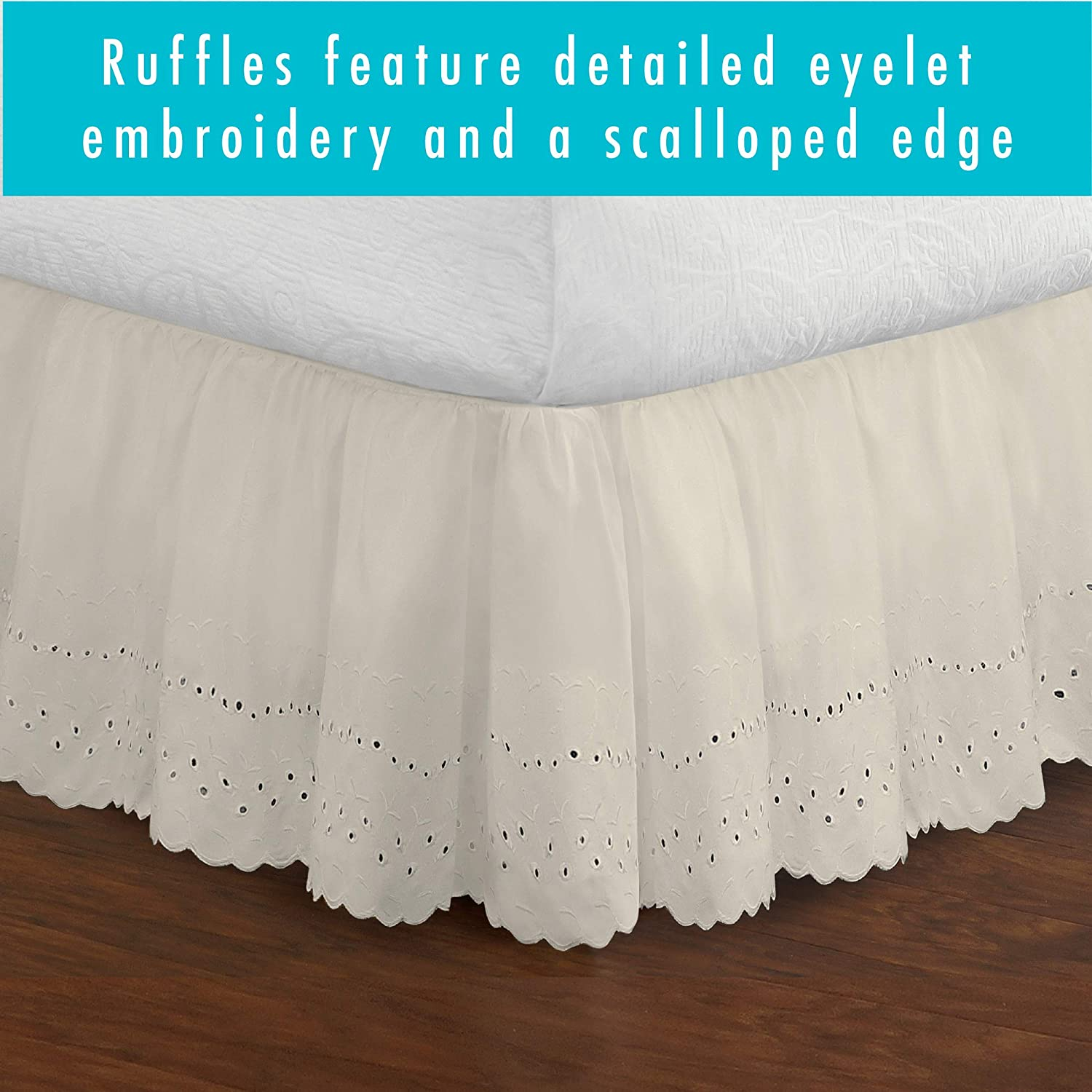 Eyelet Ruffled Bedskirt &ndash; Ruffled Bedding with Gathered Styling &ndash; 18&rdquo; Drop, Queen, Bone Ivory image number 2