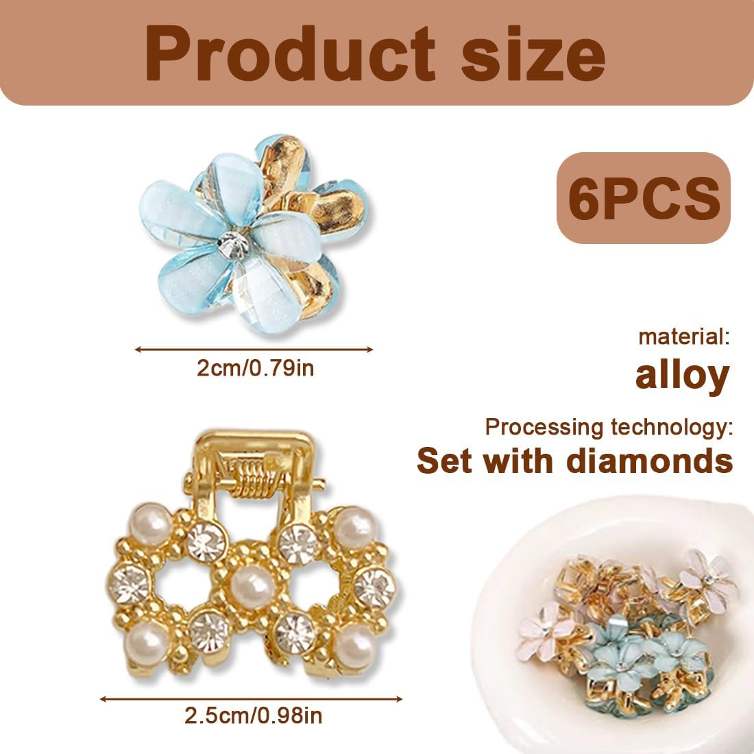 OUDQFCJ 6 Pcs Mini Rhinestone Flower Hair Clips, Cute Decorative Wedding Hair Clips, Flower Hair Cards, Flower Hair Accessories image number 3