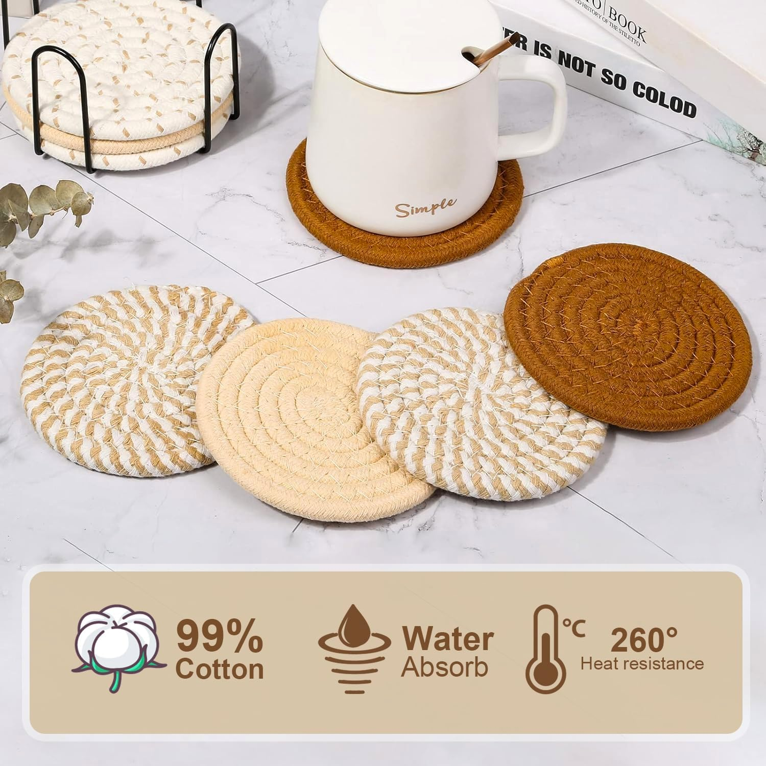 Sonicefit 8Pcs Drink Coasters with Holder, 4 Colors Minimalist Cotton Woven Coasters Set, Boho Absorbent Coaster Suitable for Various Cups, Ideal for Coffee Table, Bar Tabletop, Home Decor (Color 1) image number 4